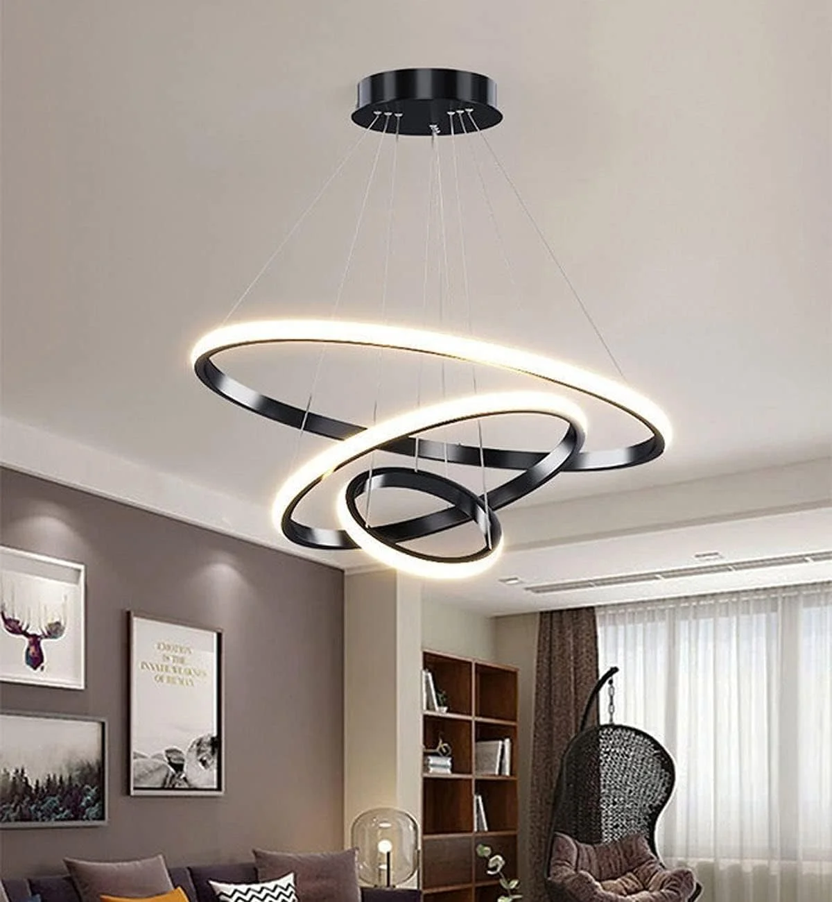 چراغ آویز مدرن و هوشمند C&C Home، لوستر LED سه حلقه ای، چراغ آویز سقفی دایره ای معاصر با قابلیت تنظیم نور و 3 رنگ در یک (سفید، گرم، طبیعی)، 60 وات