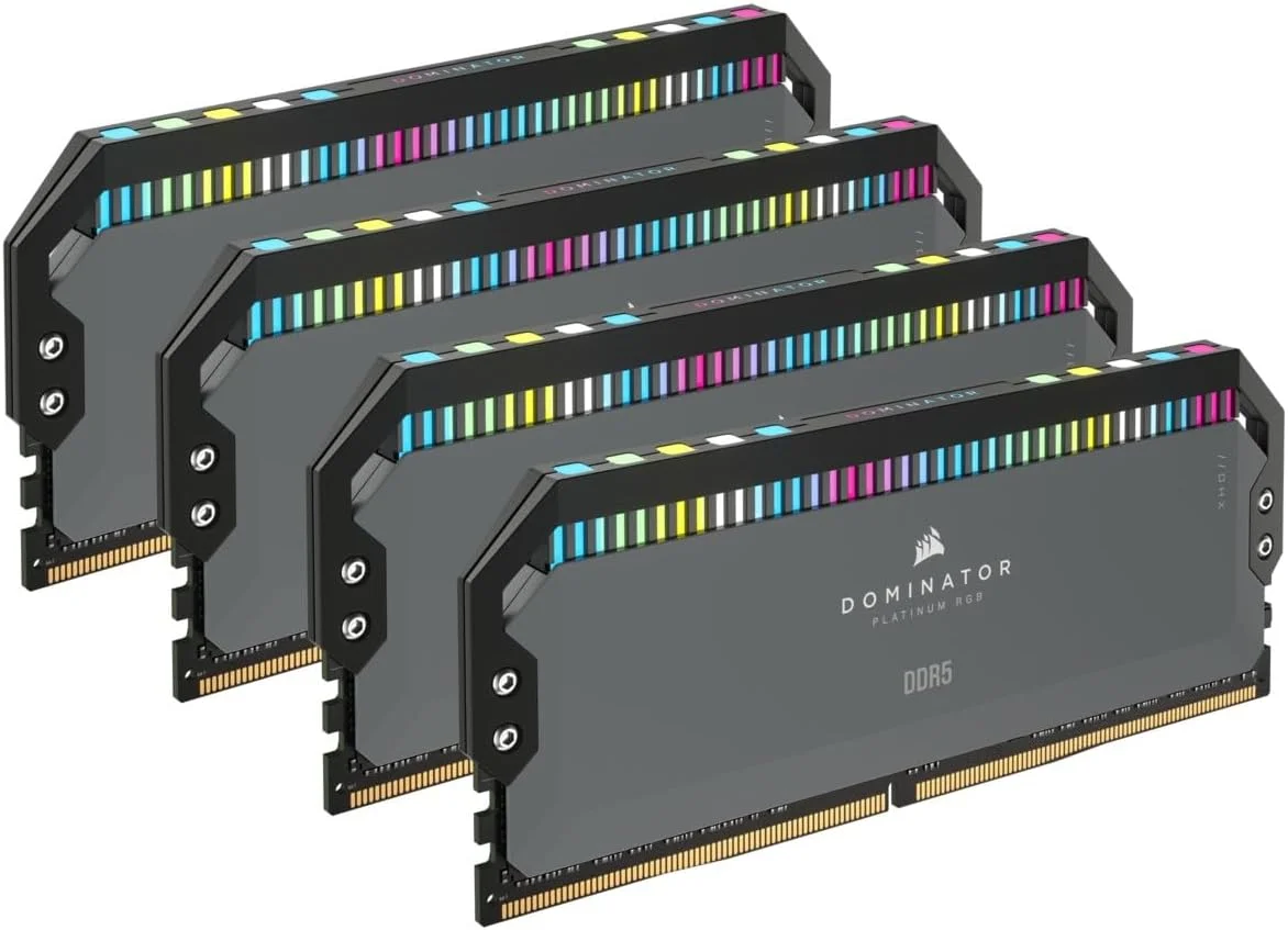 رم کامپیوتر CORSAIR DOMINATOR PLATINUM RGB DDR5 با ظرفیت 64 گیگابایت (4x16GB) DDR5 5600 با تایمینگ CL36-36-36-76 و ولتاژ 1.25V، دارای AMD EXPO و Intel XMP - رنگ خاکستری