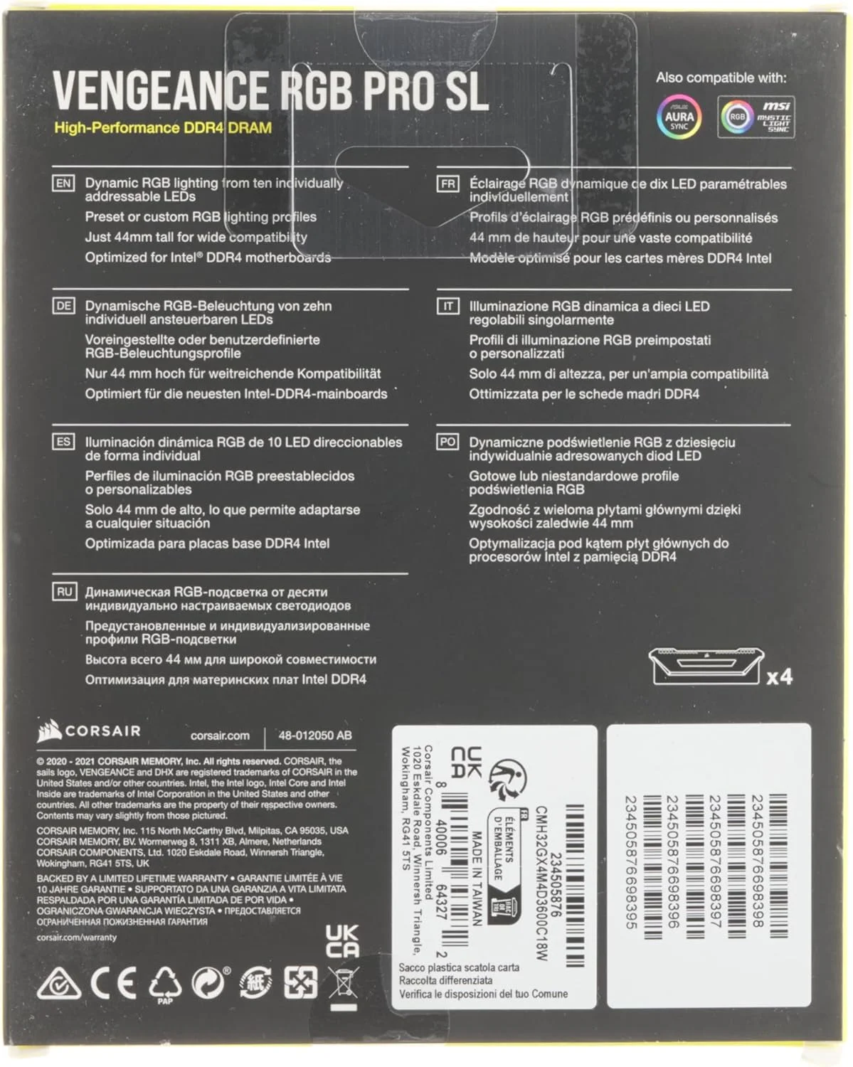 رم کامپیوتر CORSAIR VENGEANCE RGB PRO SL 32GB (4x8GB) DDR4 3600 (PC4-28800) C18 1.35V - سفید