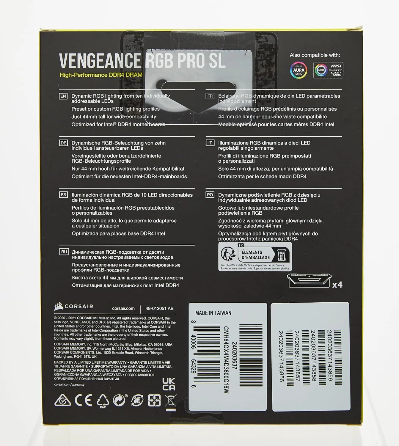 رم دسکتاپ 64 گیگابایتی CORSAIR VENGEANCE RGB PRO SL (4x16GB) DDR4 3600 (PC4-28800) C18 1.35V - سفید رم دسکتاپ 64 گیگابایتی CORSAIR VENGEANCE RGB PRO SL (4x16GB) DDR4 3600 (PC4-28800) C18 1.35V - سفید