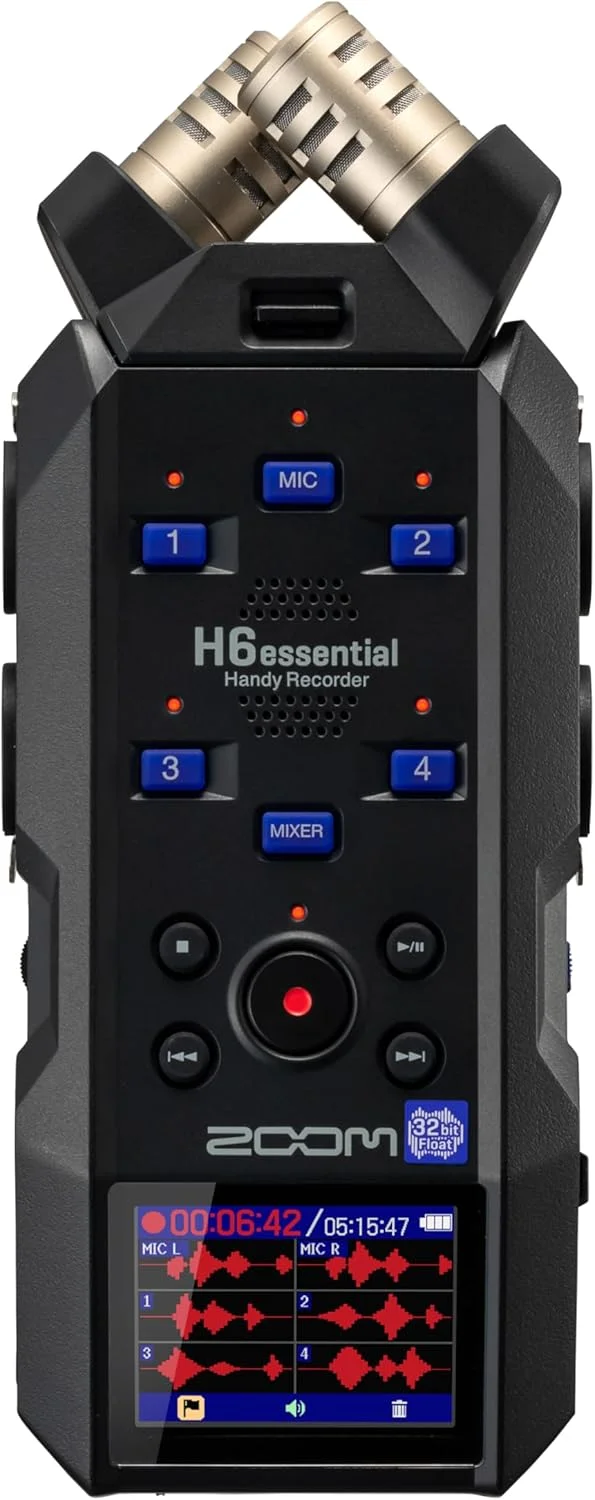 ضبط کننده قابل حمل 6 ترک Zoom H6essential با شناور 32 بیتی، قابلیت دسترسی، میکروفون های استریو، 4 ورودی XLR/TRS، ضبط بر روی کارت SD، رابط صوتی USB، برای نوازندگان، پادکسترها، فیلمسازان