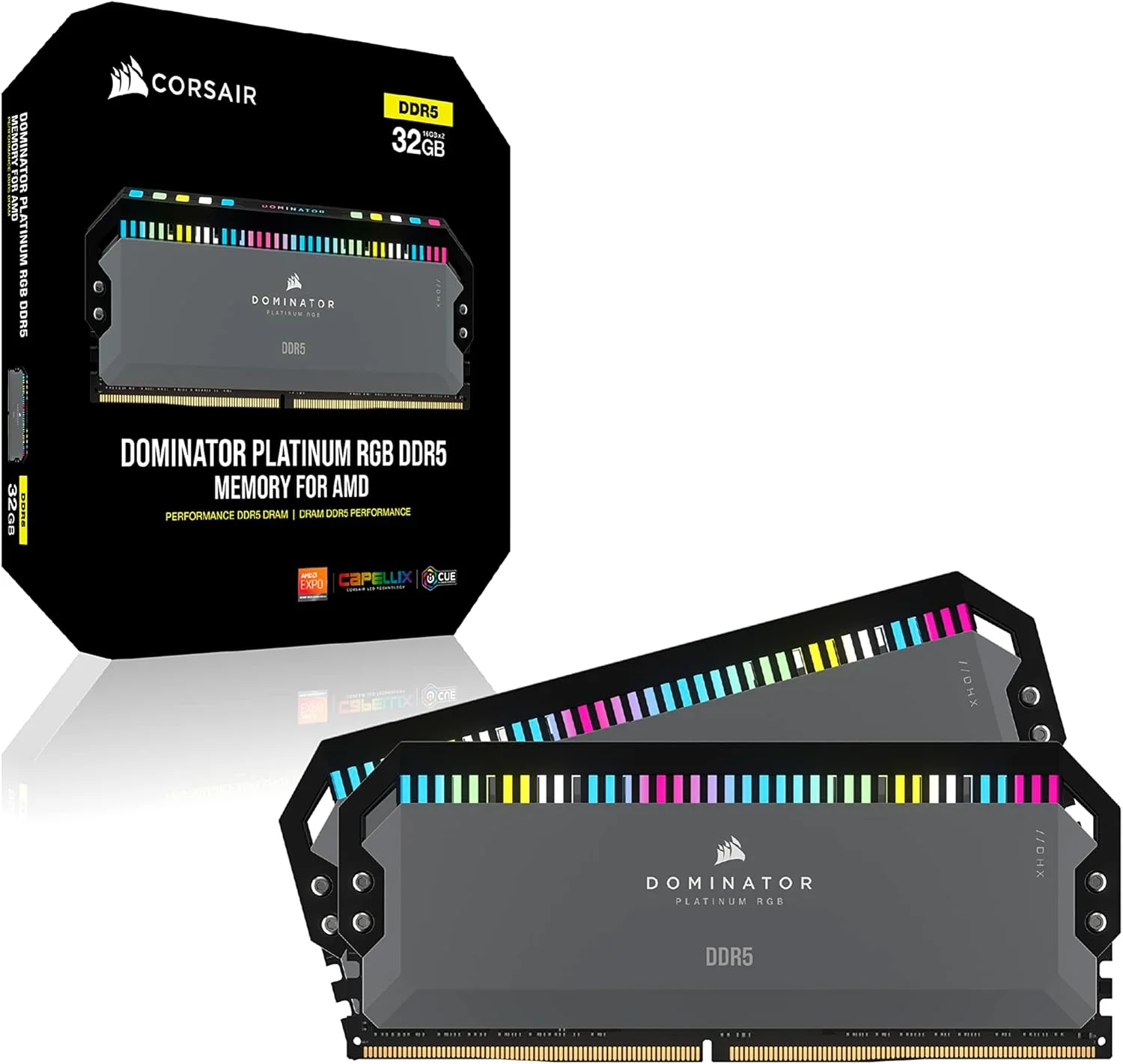 CORSAIR (بازسازی شده) DOMINATOR PLATINUM RGB DDR5 RAM 64GB (2x32GB) 5200MHz CL40 AMD EXPO iCUE حافظه کامپیوتر سازگار - خاکستری (CMT64GX5M2B5200Z40K)