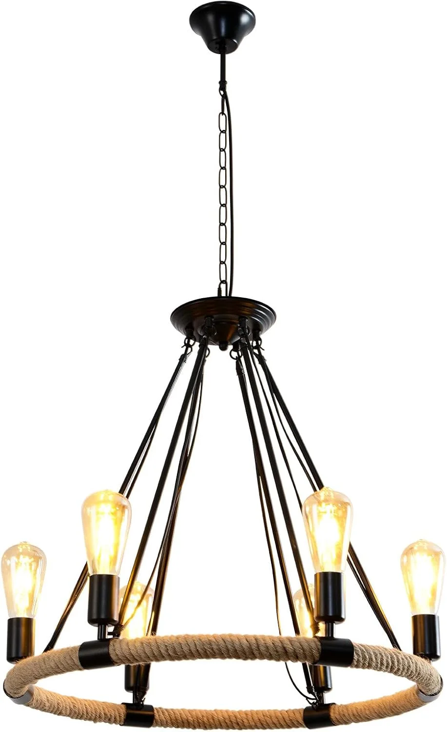 لوستر صنعتی روستیک با قاب دایره طنابی، آویز 6 شاخه برای اتاق ناهارخوری، اتاق نشیمن، خانه روستایی، قاب فلزی مشکی، سرپیچ E27، زنجیر قابل تنظیم