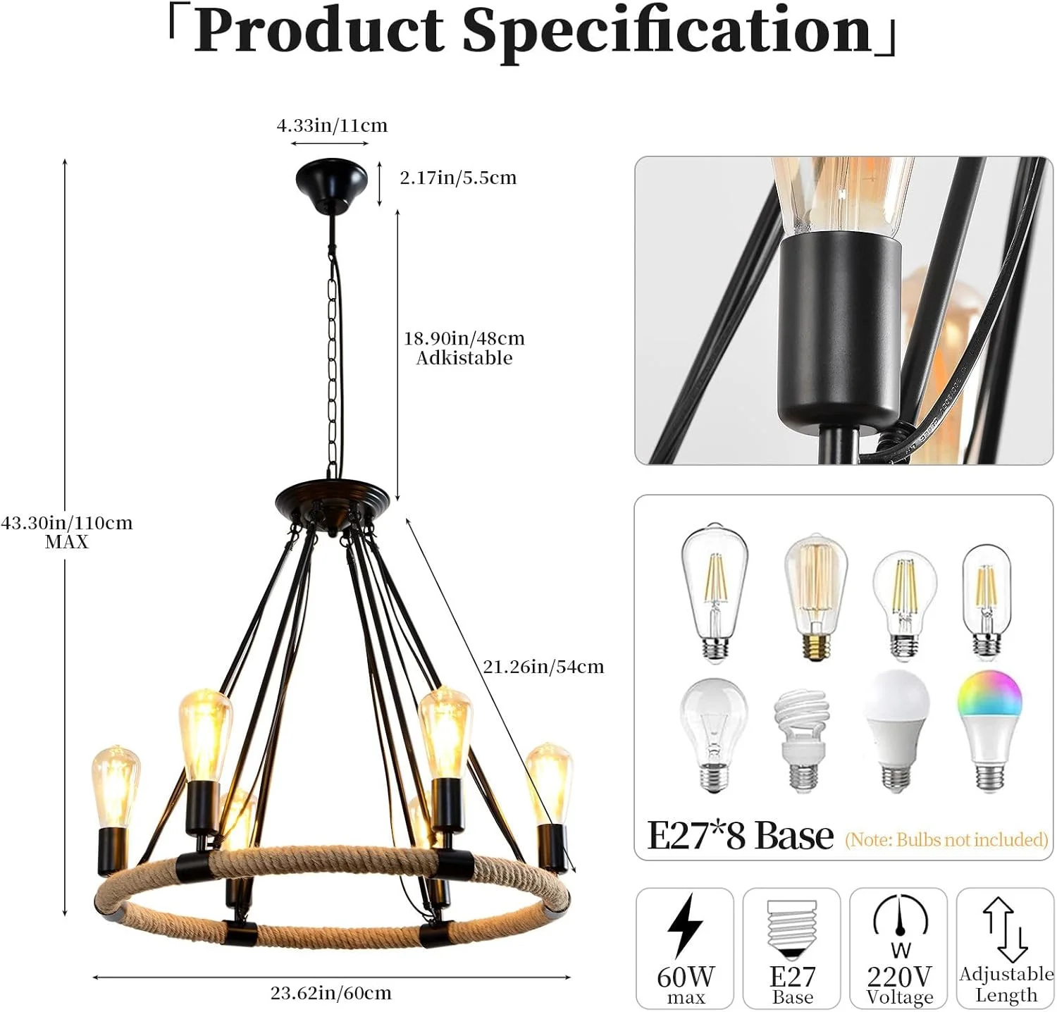 لوستر صنعتی روستیک با قاب دایره طنابی، آویز 6 شاخه برای اتاق ناهارخوری، اتاق نشیمن، خانه روستایی، قاب فلزی مشکی، سرپیچ E27، زنجیر قابل تنظیم