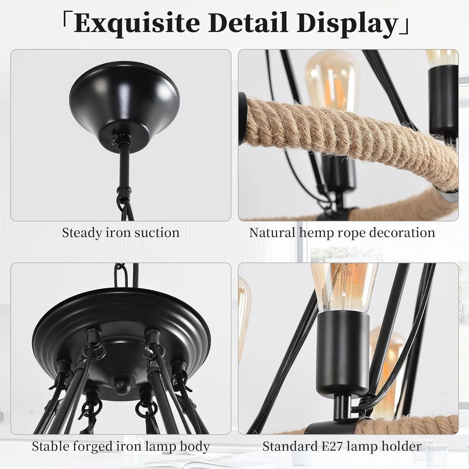 لوستر صنعتی روستیک با قاب دایره طنابی، آویز 6 شاخه برای اتاق ناهارخوری، اتاق نشیمن، خانه روستایی، قاب فلزی مشکی، سرپیچ E27، زنجیر قابل تنظیم