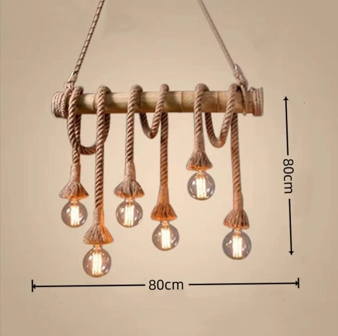 لوستر طنابی 6 شاخه ام اس رترو، روشنایی آویز روستیک، چراغ آویز بامبو صنعتی، چراغ سقفی وینتیج برای اتاق نشیمن، اتاق غذاخوری، اتاق خواب، جزیره آشپزخانه (6 شاخه)