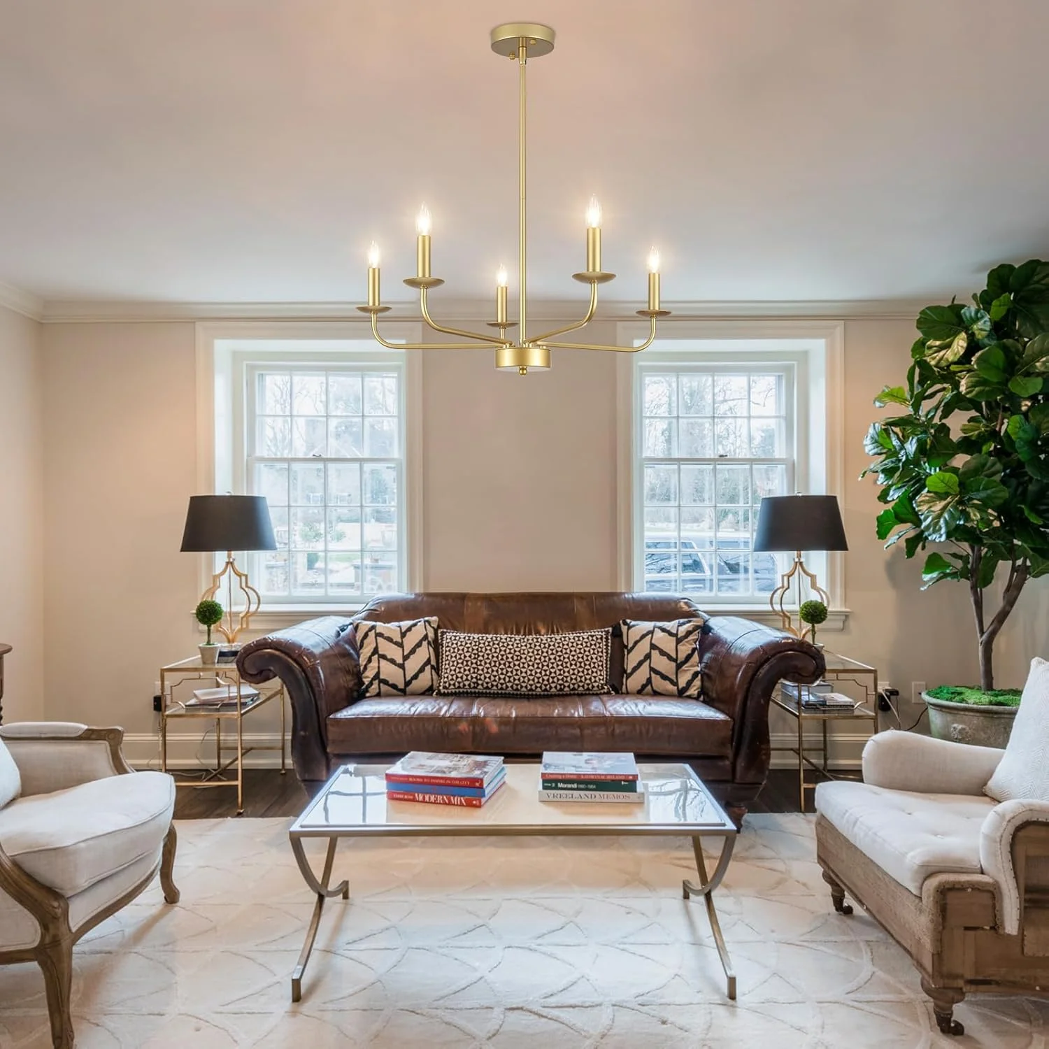 لوستر آویز طلایی وینتیج 5 شاخه QAREHL، چراغ سقفی روستیک برای اتاق نشیمن، اتاق غذاخوری، اتاق خواب، آشپزخانه، پایه E14، دیمر پذیر، ارتفاع قابل تنظیم، 24x61 سانتی متر