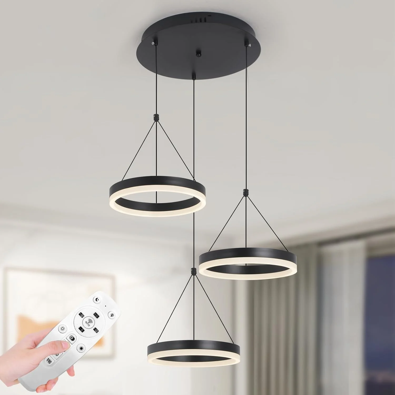 چراغ آویز مدرن LED یاتای، لوستر آویز 3 حلقه ای دیمر شونده با ریموت، ارتفاع قابل تنظیم، 3000K-6000K، چراغ سقفی 42 وات مشکی اکریلیک و فلزی برای اتاق ناهار خوری، آشپزخانه، 70 سانتی متر