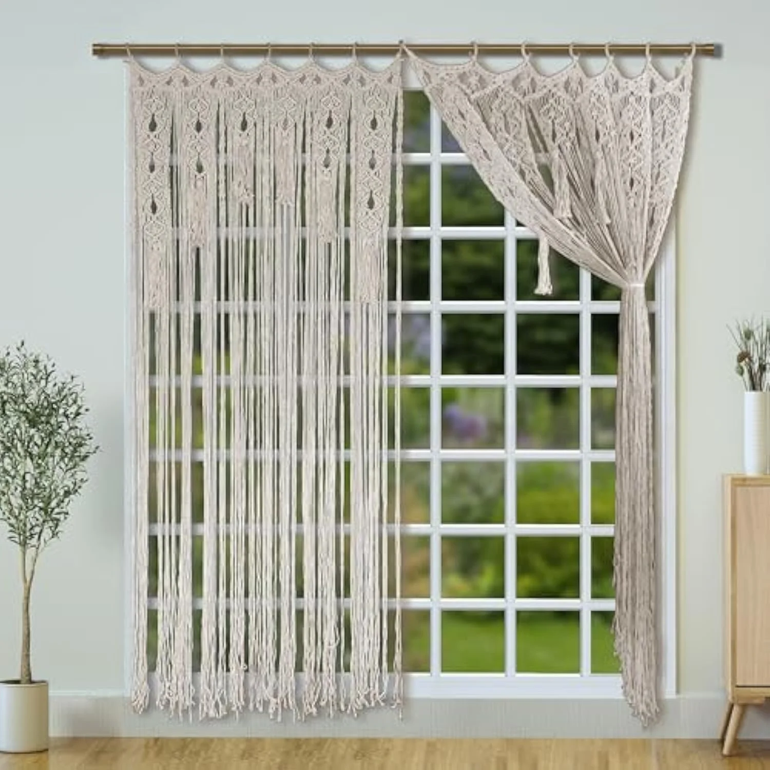 پرده مهره ای برای ورودی در، پرده مهره ای آویز برای ورودی، پرده حریم خصوصی برای پنجره در، پرده برای کمد باز، دکوراسیون اتاق بوهمی (سفید مایل به کرم، 85 * 200 سانتی متر، بافته شده با دست)