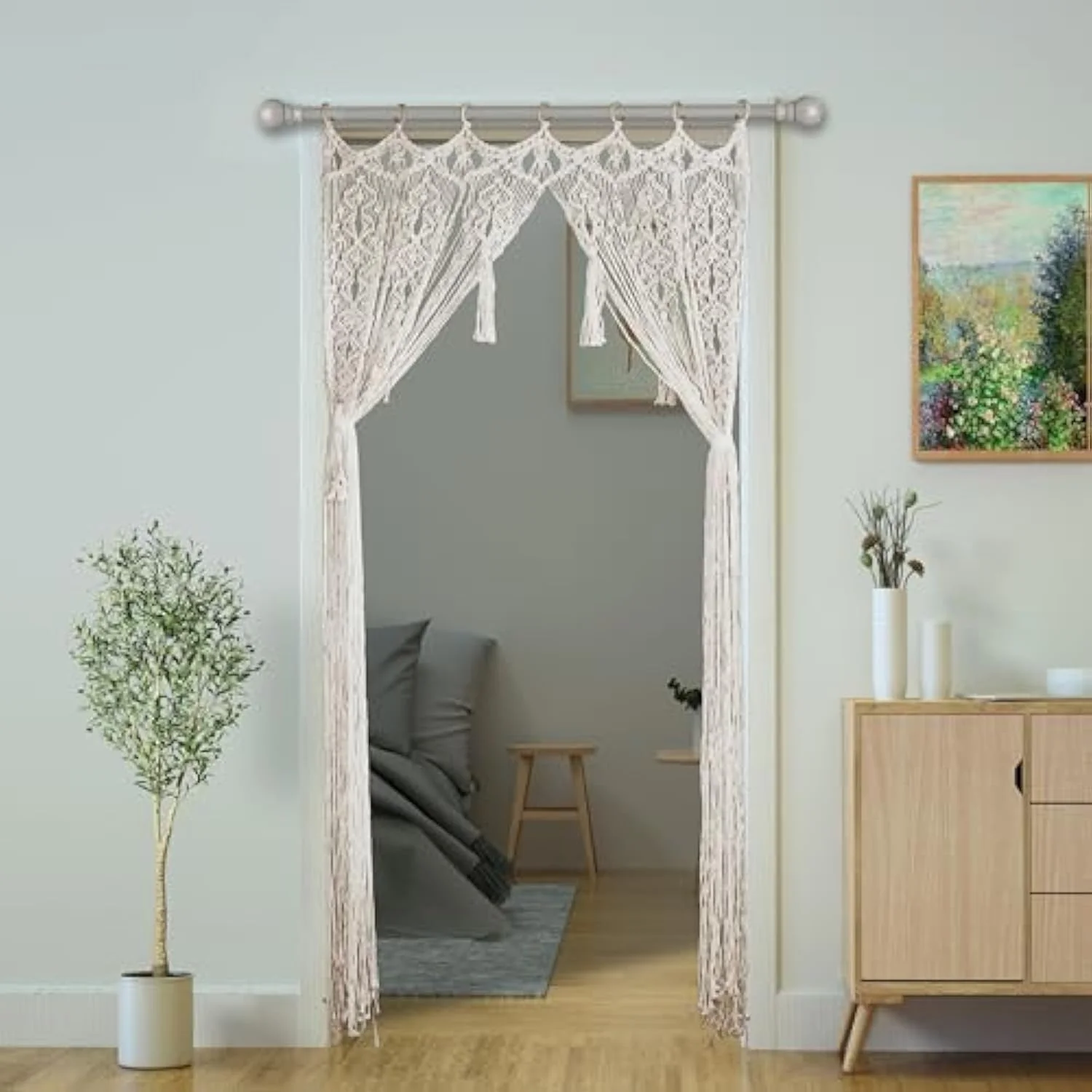 پرده مهره ای برای ورودی در، پرده مهره ای آویز برای ورودی، پرده حریم خصوصی برای پنجره در، پرده برای کمد باز، دکوراسیون اتاق بوهمی (سفید مایل به کرم، 85 * 200 سانتی متر، بافته شده با دست)