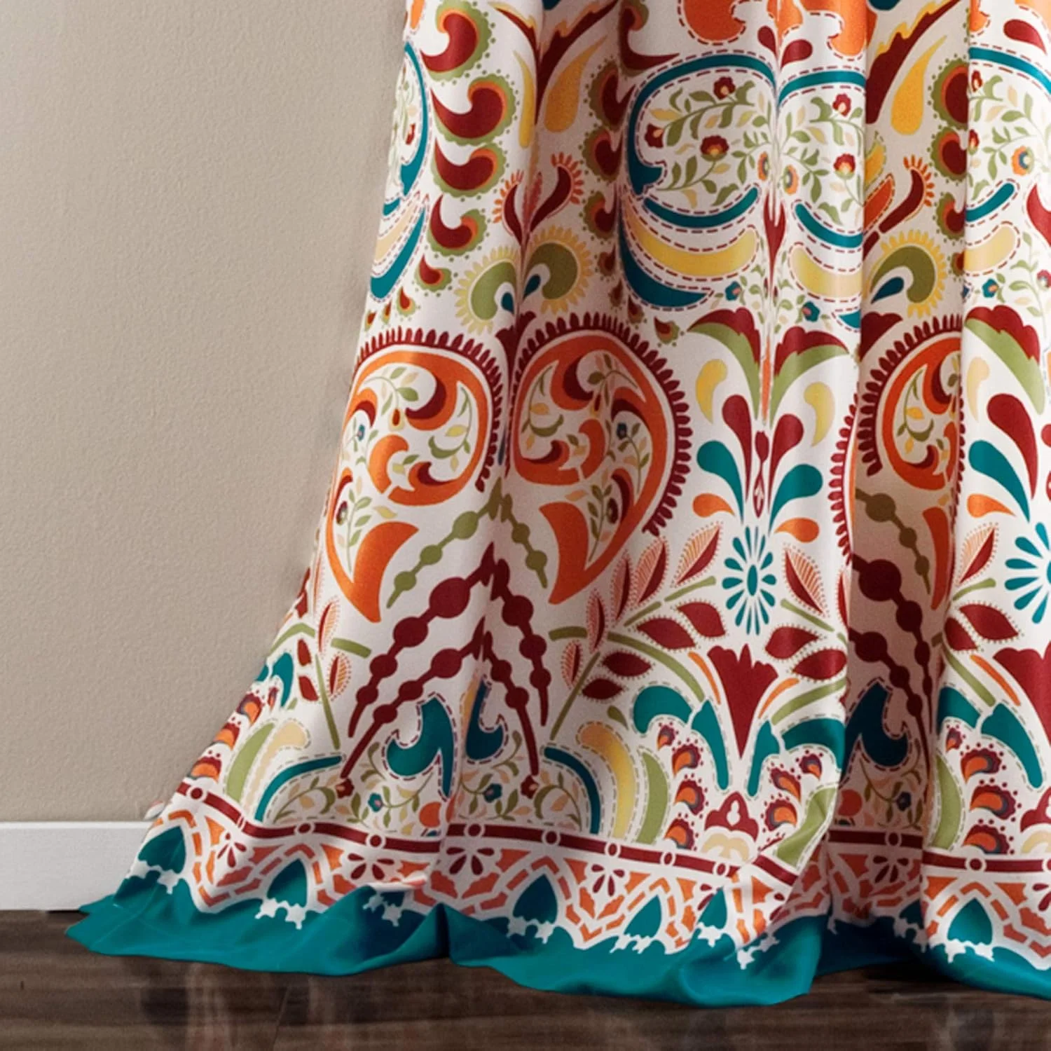 پرده های لوکس دکور طرح کلارا، طرح بته جقه، سبک بوهمی، پنل پرده پنجره تاریک کننده اتاق برای نشیمن، ناهارخوری، اتاق خواب (جفت)، 52 اینچ عرض × 84 اینچ طول، فیروزه ای و نارنگی