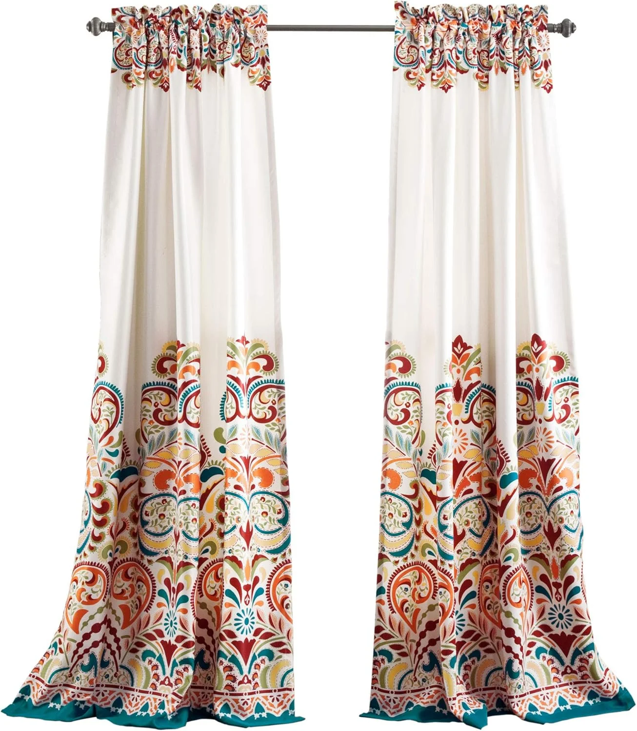 پرده های لوکس دکور طرح کلارا، طرح بته جقه، سبک بوهمی، پنل پرده پنجره تاریک کننده اتاق برای نشیمن، ناهارخوری، اتاق خواب (جفت)، 52 اینچ عرض × 84 اینچ طول، فیروزه ای و نارنگی