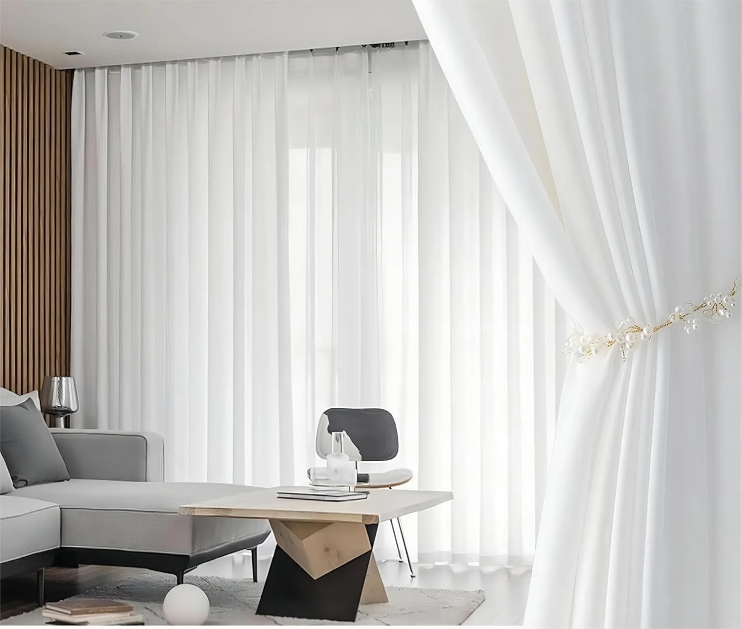 پرده های حریر کیوباید برای اتاق نشیمن، دکوراسیون پنجره 2 تکه (عرض 150 x ارتفاع 270 سانتی متر، دارای قلاب، سفید)