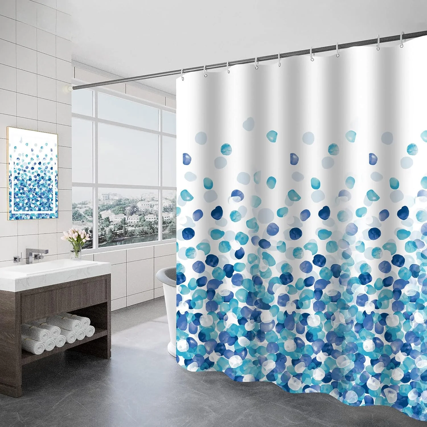 پرده حمام ضد کپک تراست لایف، پرده حمام با 12 عدد قلاب، ضد آب، خشک شونده سریع، قابل شستشو، پرده حمام وزنه دار برای اتاق خیس، حمام (آبی، 180 x 180 سانتی متر)