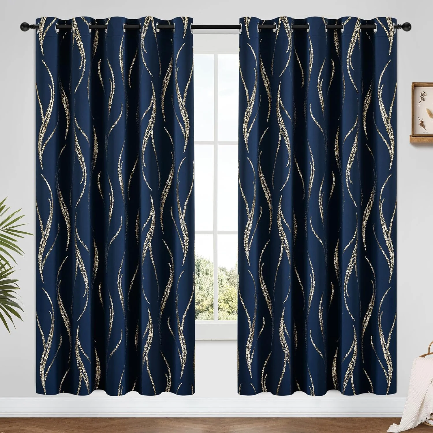 پرده های خاموشی یاکاموک، طول 183 سانتی متر، مناسب اتاق نشیمن، عایق حرارتی، طرح نقطه های خط موج طلایی، دارای حلقه، تیره کننده برای اتاق خواب، سرمه ای، عرض 157.5 x طول 183 سانتی متر، 2 عدد، چاپ سرمه ای/طلایی