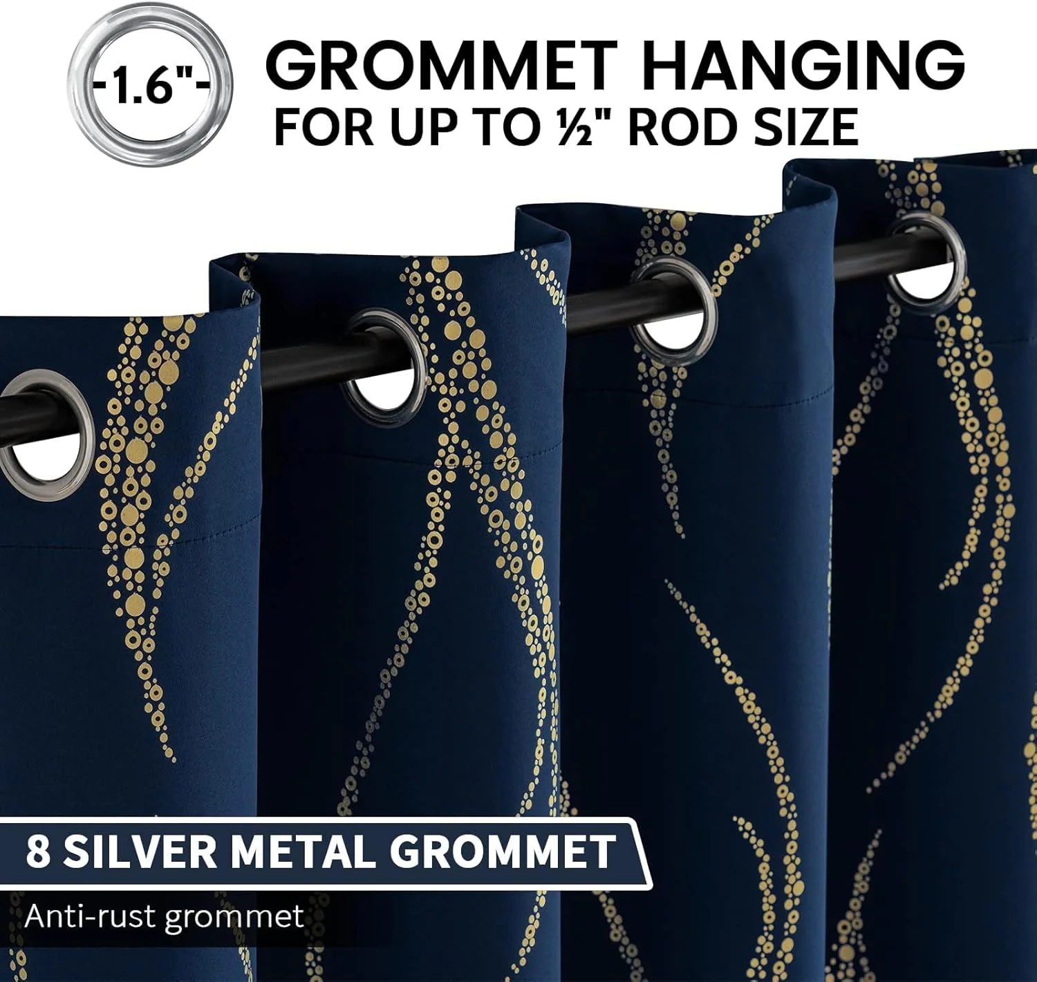 پرده های خاموشی یاکاموک، طول 183 سانتی متر، مناسب اتاق نشیمن، عایق حرارتی، طرح نقطه های خط موج طلایی، دارای حلقه، تیره کننده برای اتاق خواب، سرمه ای، عرض 157.5 x طول 183 سانتی متر، 2 عدد، چاپ سرمه ای/طلایی