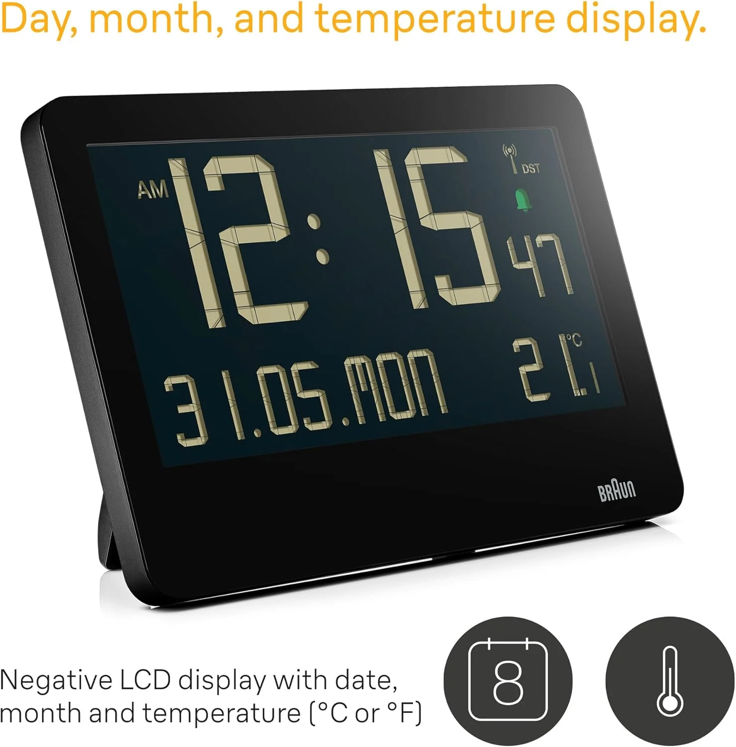 ساعت دیواری دیجیتال براون با نمایش دمای داخلی، تاریخ، روز هفته، صفحه نمایش LCD بزرگ معکوس، تنظیم سریع، زنگ هشدار بوقی مشکی، مدل BC14B. ساعت دیواری دیجیتال براون با نمایش دمای داخلی، تاریخ، روز هفته، صفحه نمایش LCD بزرگ معکوس، تنظیم سریع، زنگ هشدار بوقی مشکی، مدل BC14B.