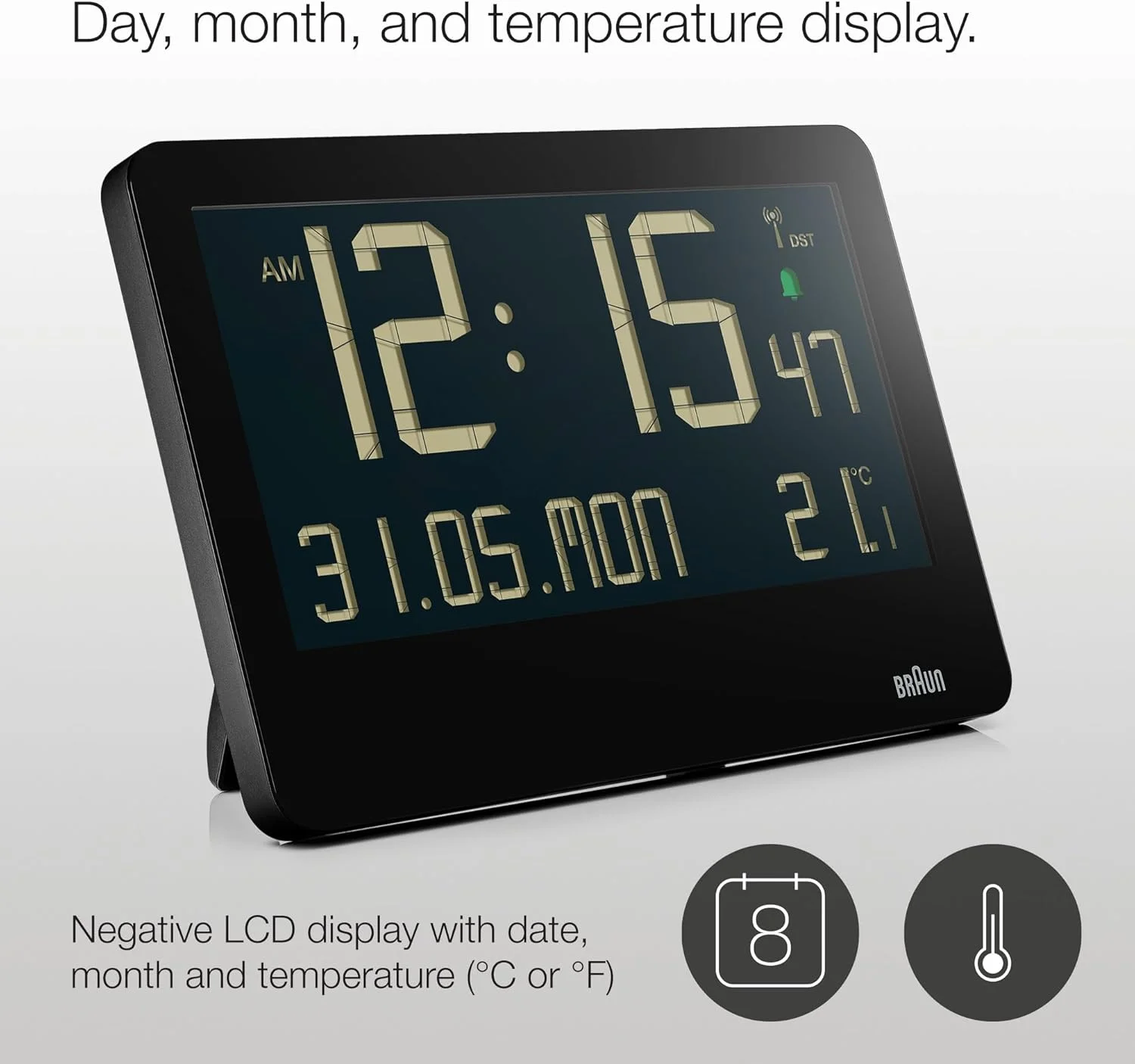 ساعت دیواری دیجیتال براون با نمایش دمای داخلی، تاریخ، روز هفته، صفحه نمایش LCD بزرگ معکوس، تنظیم سریع، زنگ هشدار بوقی مشکی، مدل BC14B. ساعت دیواری دیجیتال براون با نمایش دمای داخلی، تاریخ، روز هفته، صفحه نمایش LCD بزرگ معکوس، تنظیم سریع، زنگ هشدار بوقی مشکی، مدل BC14B.