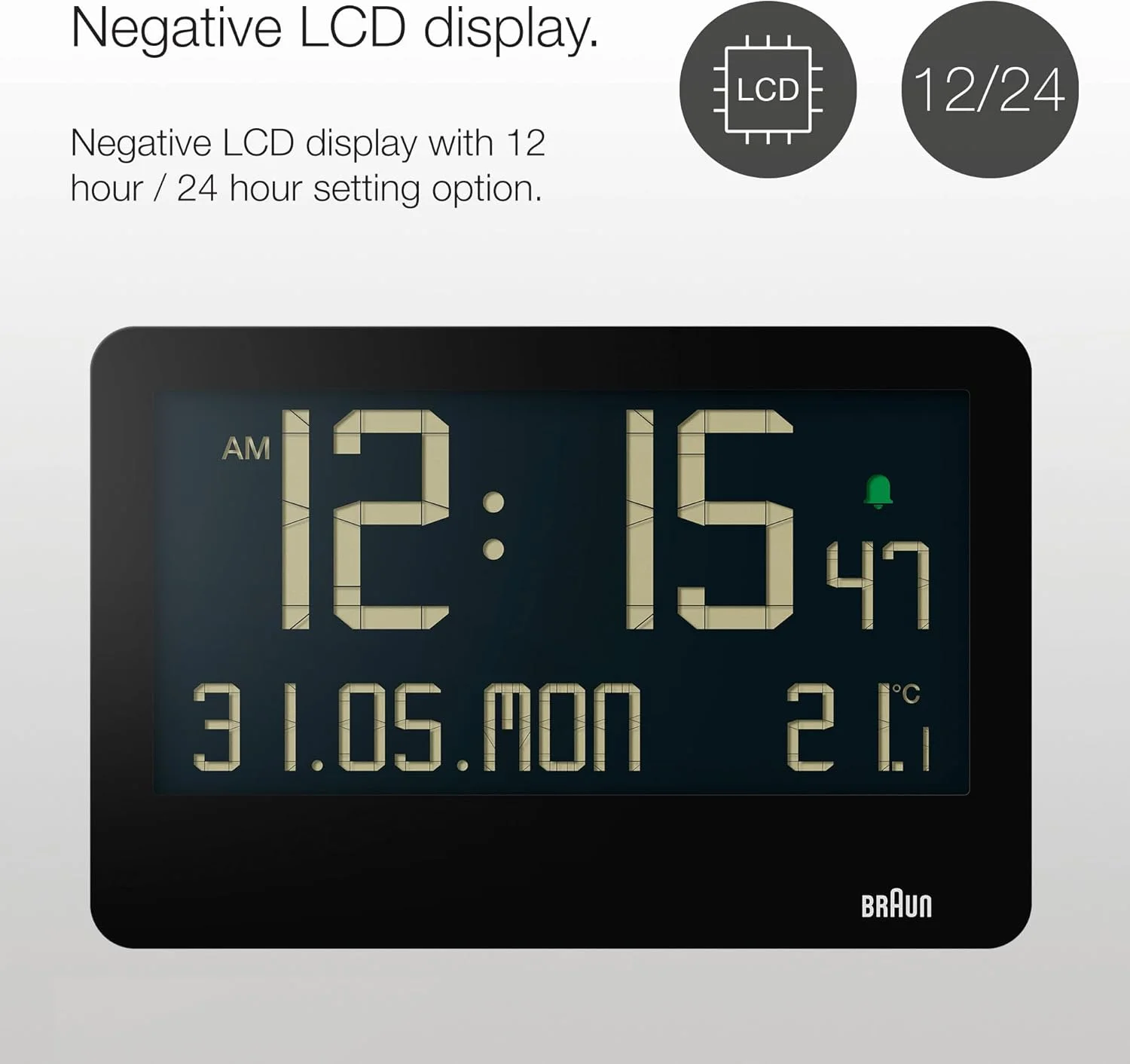 ساعت دیواری دیجیتال براون با نمایش دمای داخلی، تاریخ، روز هفته، صفحه نمایش LCD بزرگ معکوس، تنظیم سریع، زنگ هشدار بوقی مشکی، مدل BC14B. ساعت دیواری دیجیتال براون با نمایش دمای داخلی، تاریخ، روز هفته، صفحه نمایش LCD بزرگ معکوس، تنظیم سریع، زنگ هشدار بوقی مشکی، مدل BC14B.