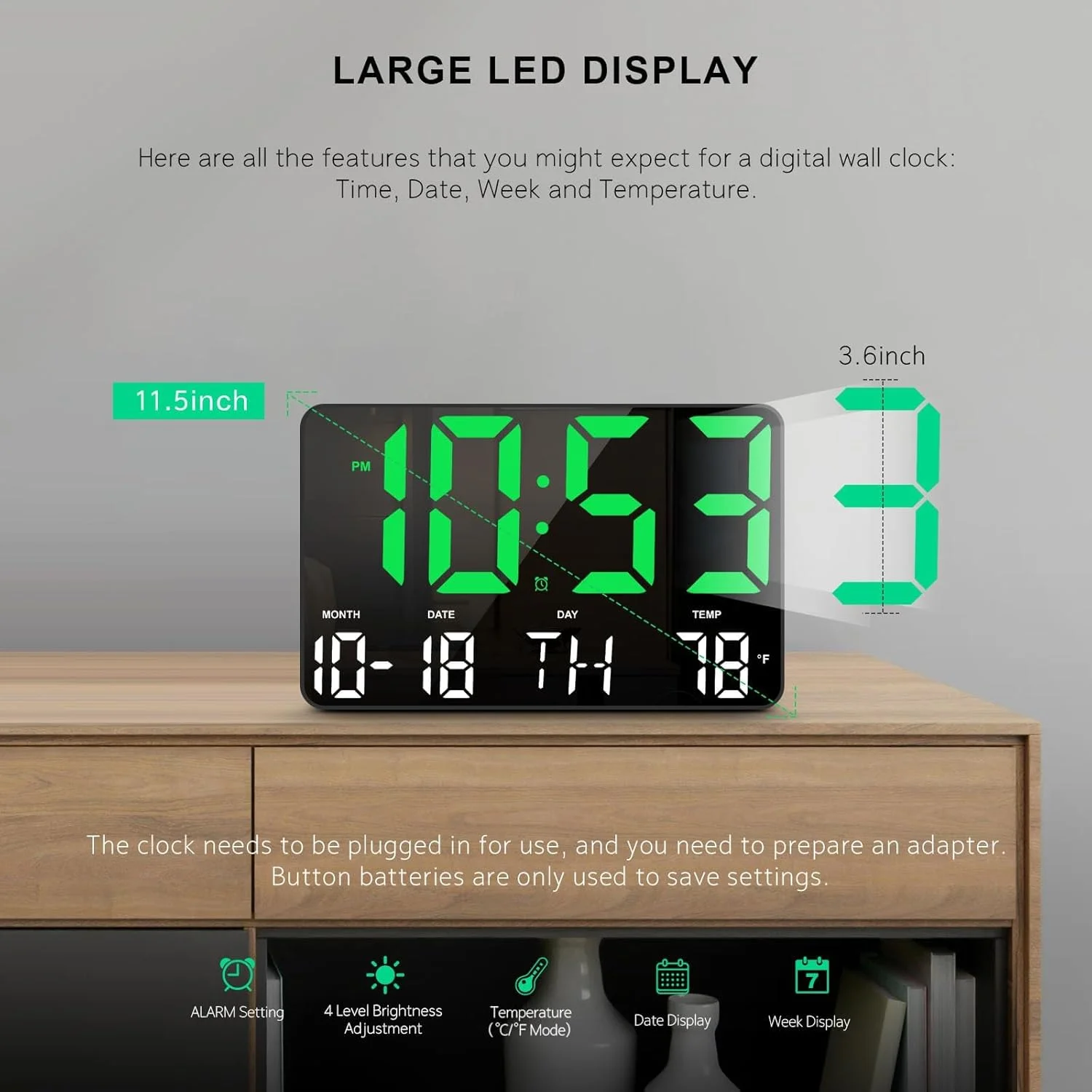 ساعت دیجیتال KASTWAVE، ساعت دیواری دیجیتال با کنترل از راه دور، ساعت LED با صفحه نمایش بزرگ با دما/تاریخ/هفته، برای دکوراسیون اتاق نشیمن، ساعت دیواری بزرگ برای اتاق خواب، دفتر، باشگاه، فروشگاه، گاراژ (سبز)