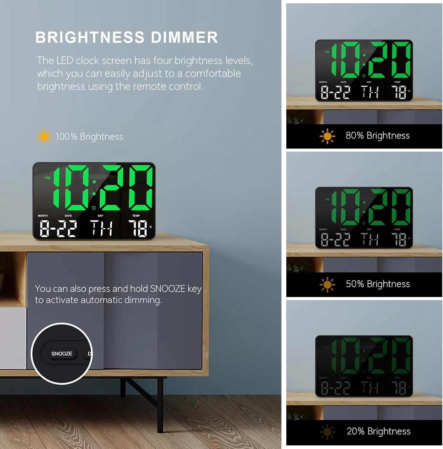 ساعت دیجیتال KASTWAVE، ساعت دیواری دیجیتال با کنترل از راه دور، ساعت LED با صفحه نمایش بزرگ با دما/تاریخ/هفته، برای دکوراسیون اتاق نشیمن، ساعت دیواری بزرگ برای اتاق خواب، دفتر، باشگاه، فروشگاه، گاراژ (سبز)