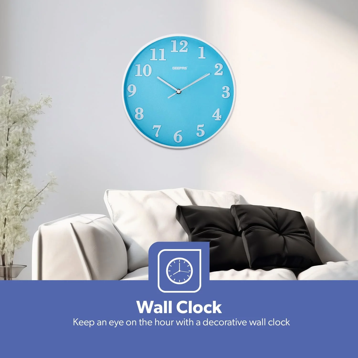 ساعت دیواری جیپاس مدل GWC26014 با اعداد سه بعدی | بدون صدای تیک تاک | ساعت دیواری گرد تزئینی برای اتاق نشیمن، اتاق خواب، آشپزخانه (باتری شامل نمی شود) | 2 سال گارانتی (آبی آسمانی) | 2 سال گارانتی