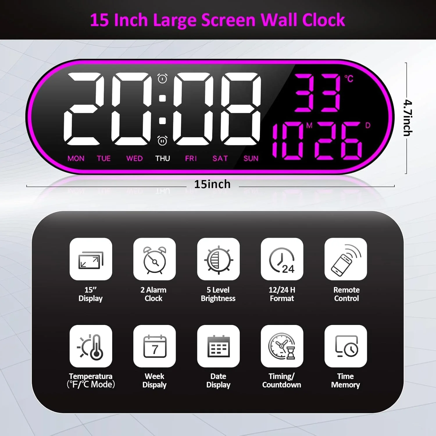 ساعت دیواری دیجیتال بزرگ 15 اینچی KASTWAVE، ساعت LED با نمایش زمان، تاریخ، دما و روز هفته، ساعت دیواری با تایمر و فرمت 12/24 ساعته با قابلیت تنظیم خودکار نور برای اتاق نشیمن/کلاس درس/باشگاه/کلیسا/فروشگاه/گاراژ