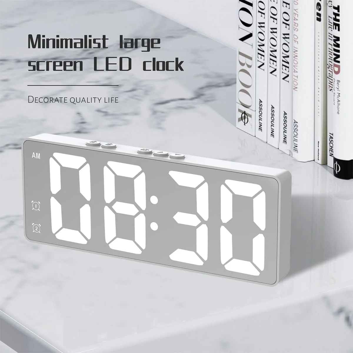ساعت زنگ دار دیجیتال ECVV، ساعت آینه ای با نمایشگر LED، ساعت زنگ دار دوگانه با کنترل صدا، ساعت الکترونیکی مدرن برای اتاق خواب، اتاق نشیمن، دفتر کار با باتری/کابل USB (سفید)