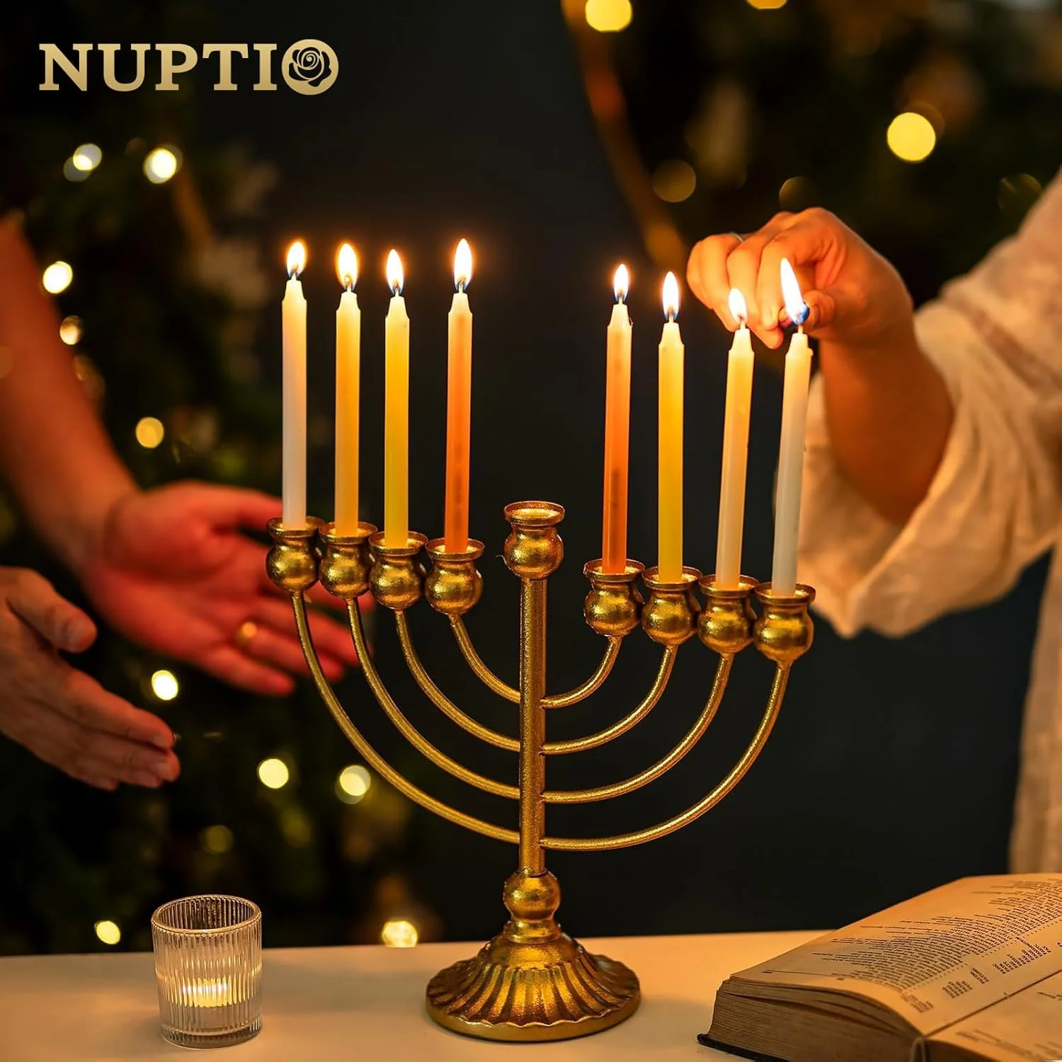منورا هانوکا 9 شاخه NUPTIO: شمعدان طلایی برای دکوراسیون منورا های هانوکا کریسمس برای تزئینات میز و پنجره