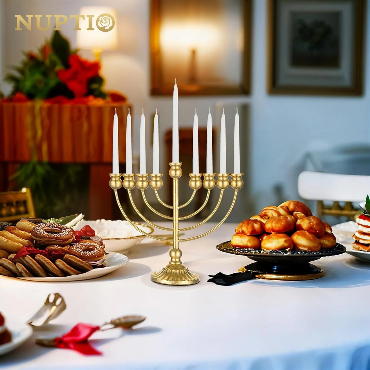 منورا هانوکا 9 شاخه NUPTIO: شمعدان طلایی برای دکوراسیون منورا های هانوکا کریسمس برای تزئینات میز و پنجره