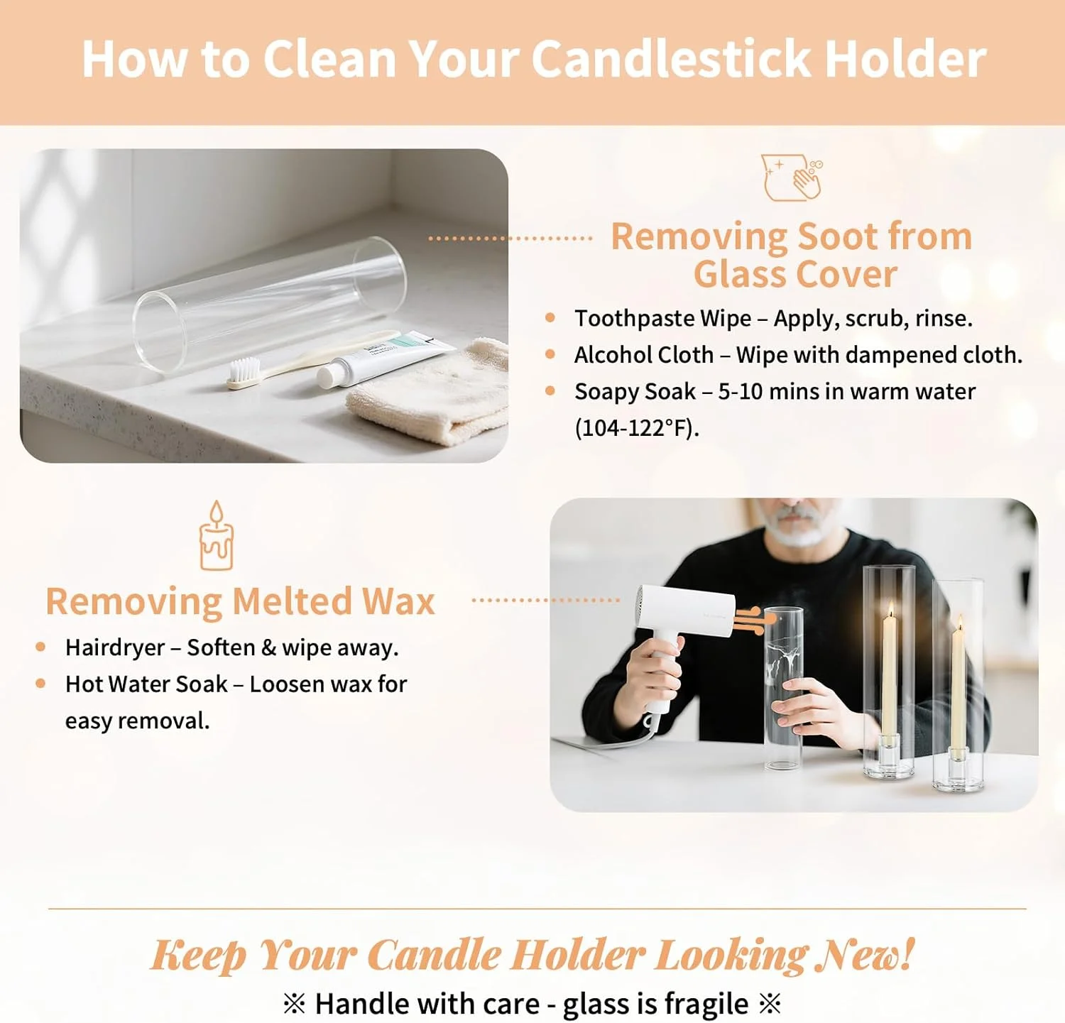 جاشمعی شیشه ای گردباد NUPTIO: 6 عدد جاشمعی استوانه ای بدون ته بلند مناسب شمعدان های مخروطی، دکور میز جشن عروسی و اتاق غذاخوری