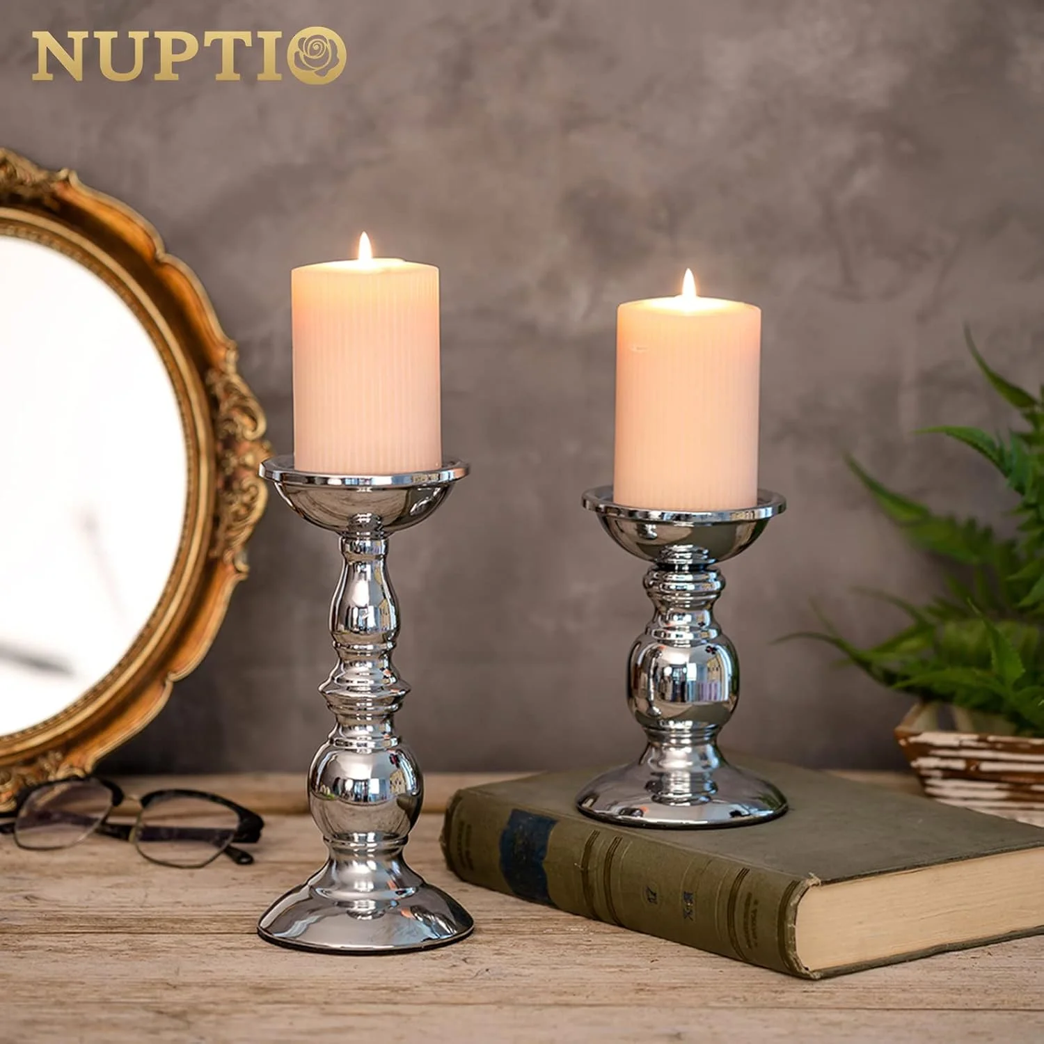 جاشمعی پایه دار Nuptio، جاشمعی فلزی ایده آل برای شمع های 3 اینچی، جاشمعی نقره ای برای اتاق نشیمن، باغ، اسپا، رایحه درمانی، مخروط های بخور، عروسی، مهمانی، 2 عدد