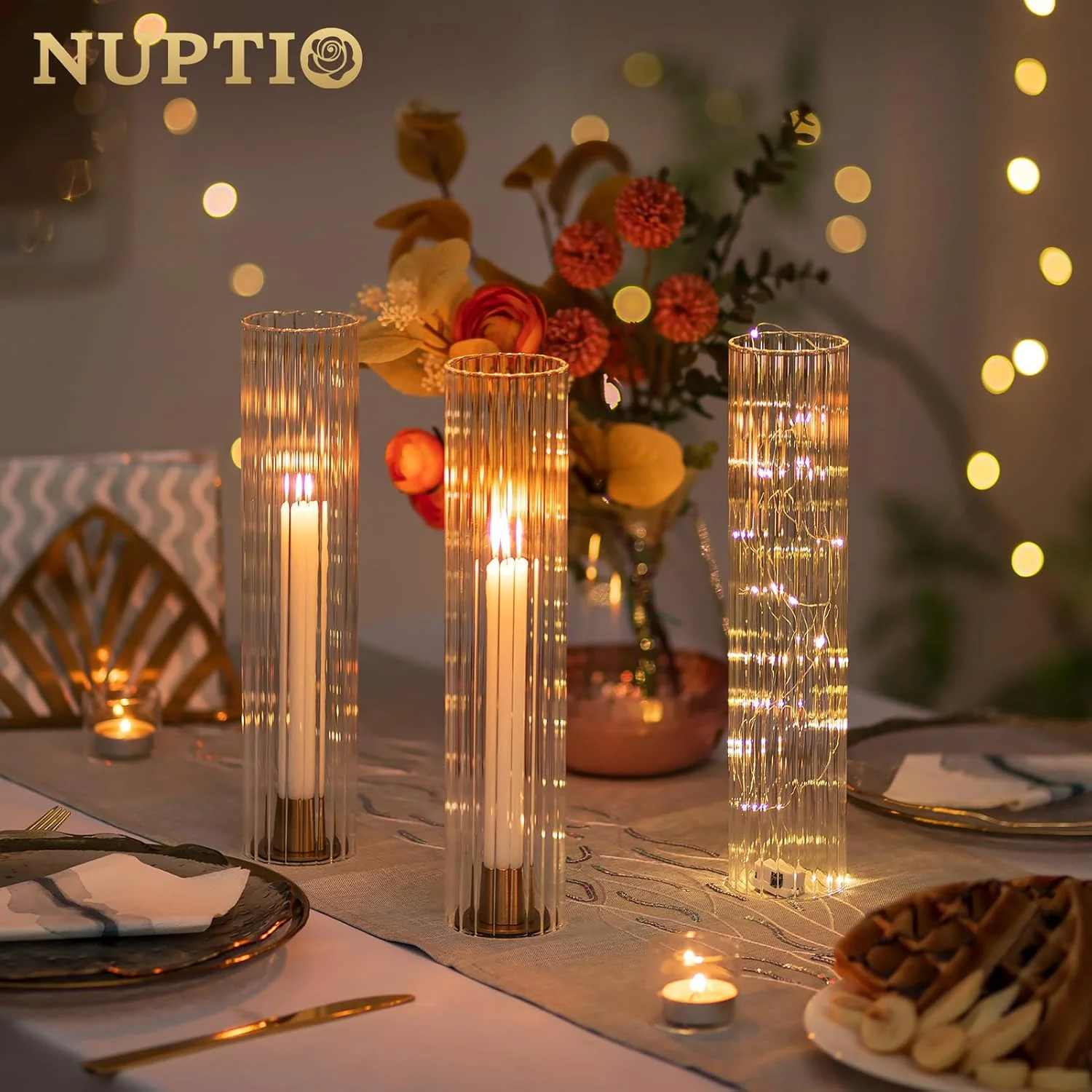جاشمعی گردباد NUPTIO برای عروسی: سایه شیشه ای راه راه 2.5 x 12 اینچ برای شمعدان - پوشش شمع استوانه ای بدون ته تزئینی عمده برای تزیین میز فضای باز