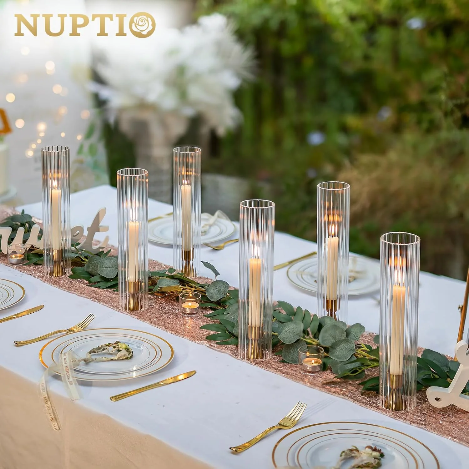 جاشمعی گردباد NUPTIO برای عروسی: سایه شیشه ای راه راه 2.5 x 12 اینچ برای شمعدان - پوشش شمع استوانه ای بدون ته تزئینی عمده برای تزیین میز فضای باز