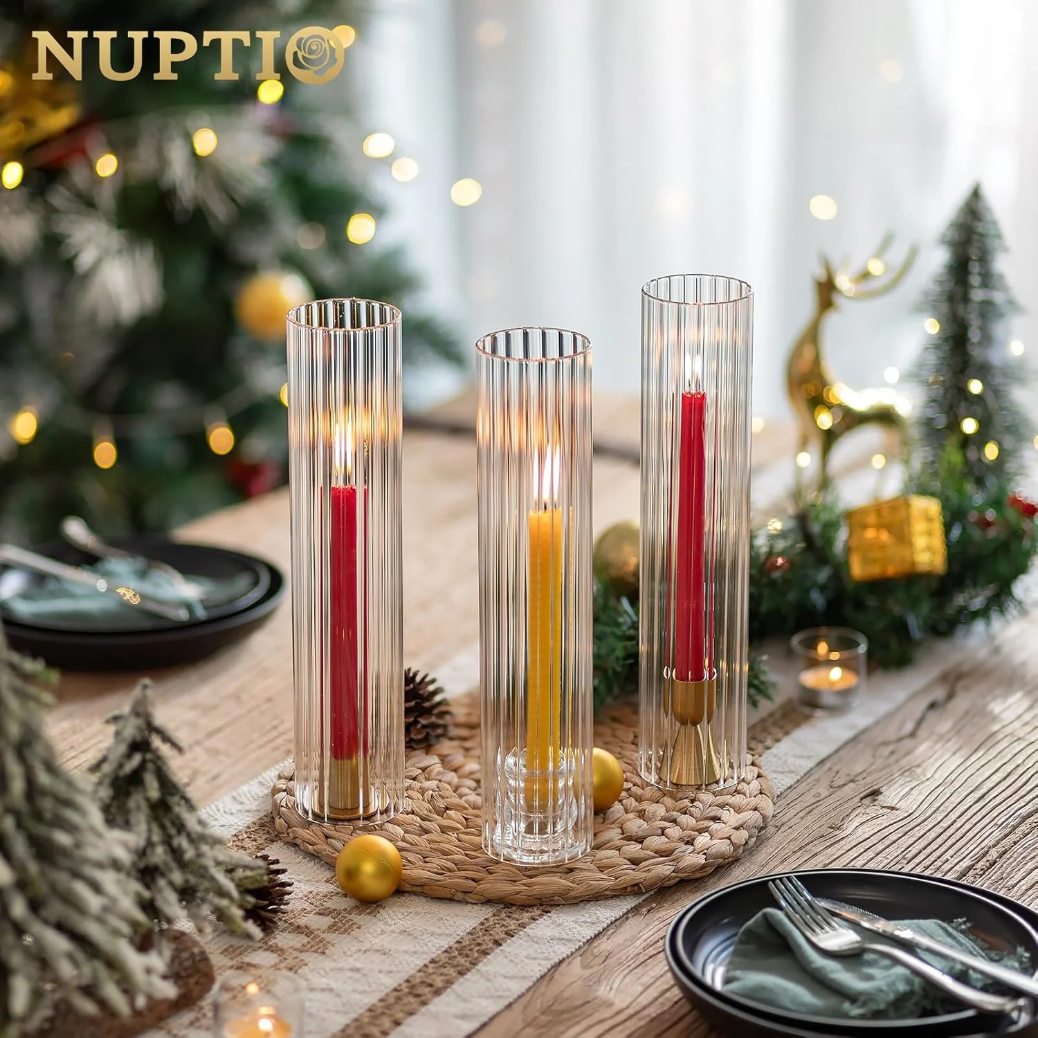 جاشمعی گردباد NUPTIO برای عروسی: سایه شیشه ای راه راه 2.5 x 12 اینچ برای شمعدان - پوشش شمع استوانه ای بدون ته تزئینی عمده برای تزیین میز فضای باز