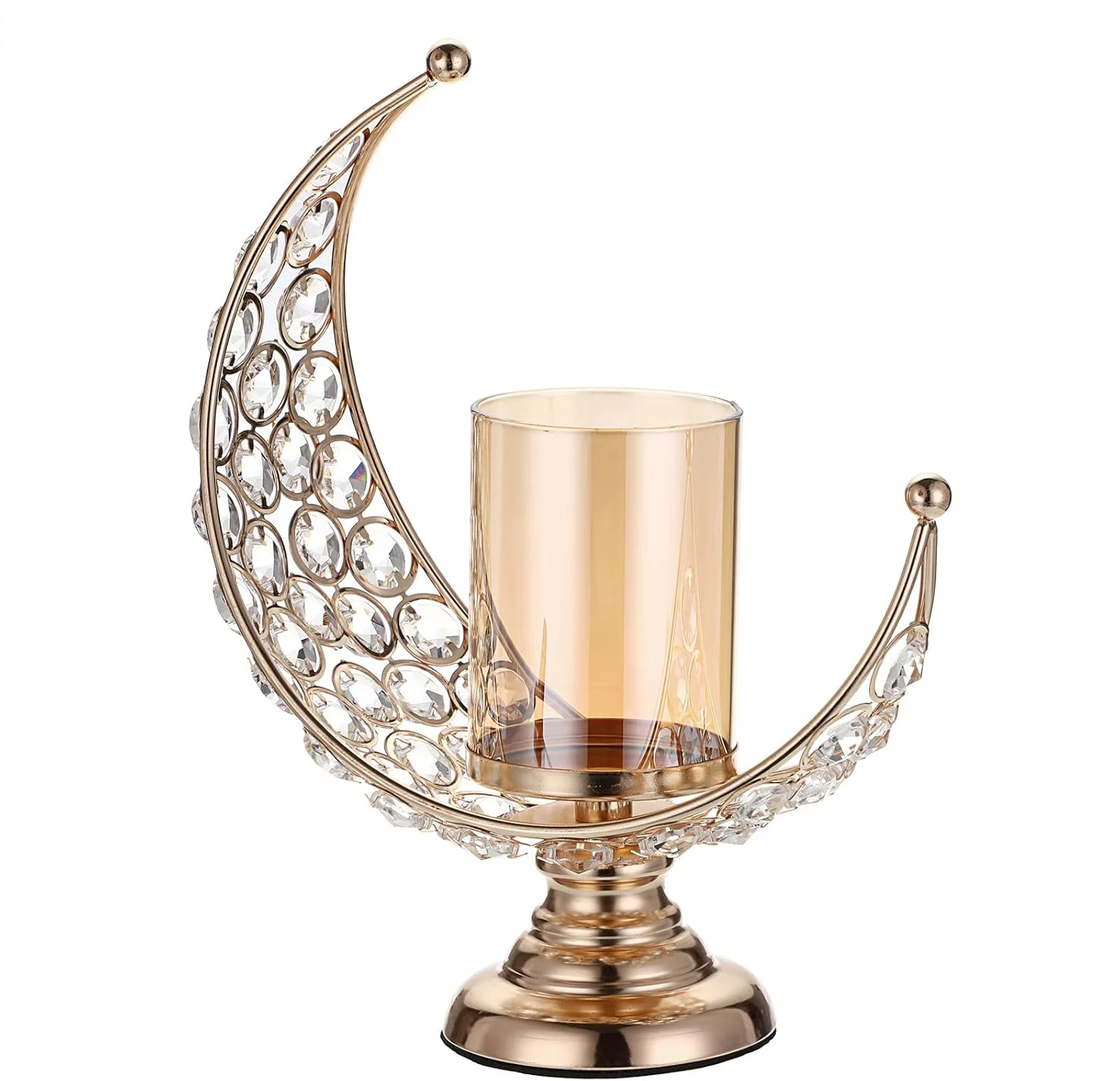 جاشمعی کریستالی ماه شکل OwnMy با پوشش شیشه ای، جا شمعی فلزی کریستالی ماه، شمعدان نذری، چراغ شمع برای دکور میز غذاخوری، عروسی (طلایی)