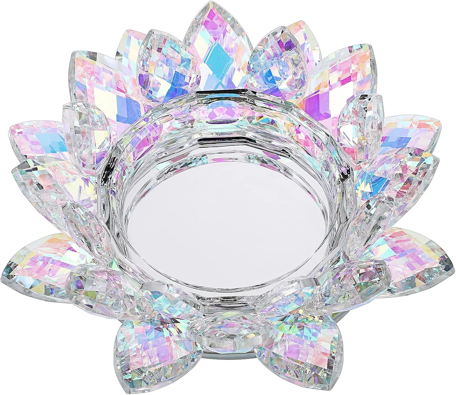 جاشمعی گل لوتوس کریستالی OwnMy برای شمع های استوانه ای تا قطر 3 اینچ، جاشمعی شیشه ای تزئینی گلبرگ لوتوس، جاشمعی وارمر، پایه شمع، چراغ شمعی برای دکوراسیون منزل، مهمانی عروسی، رنگ AB