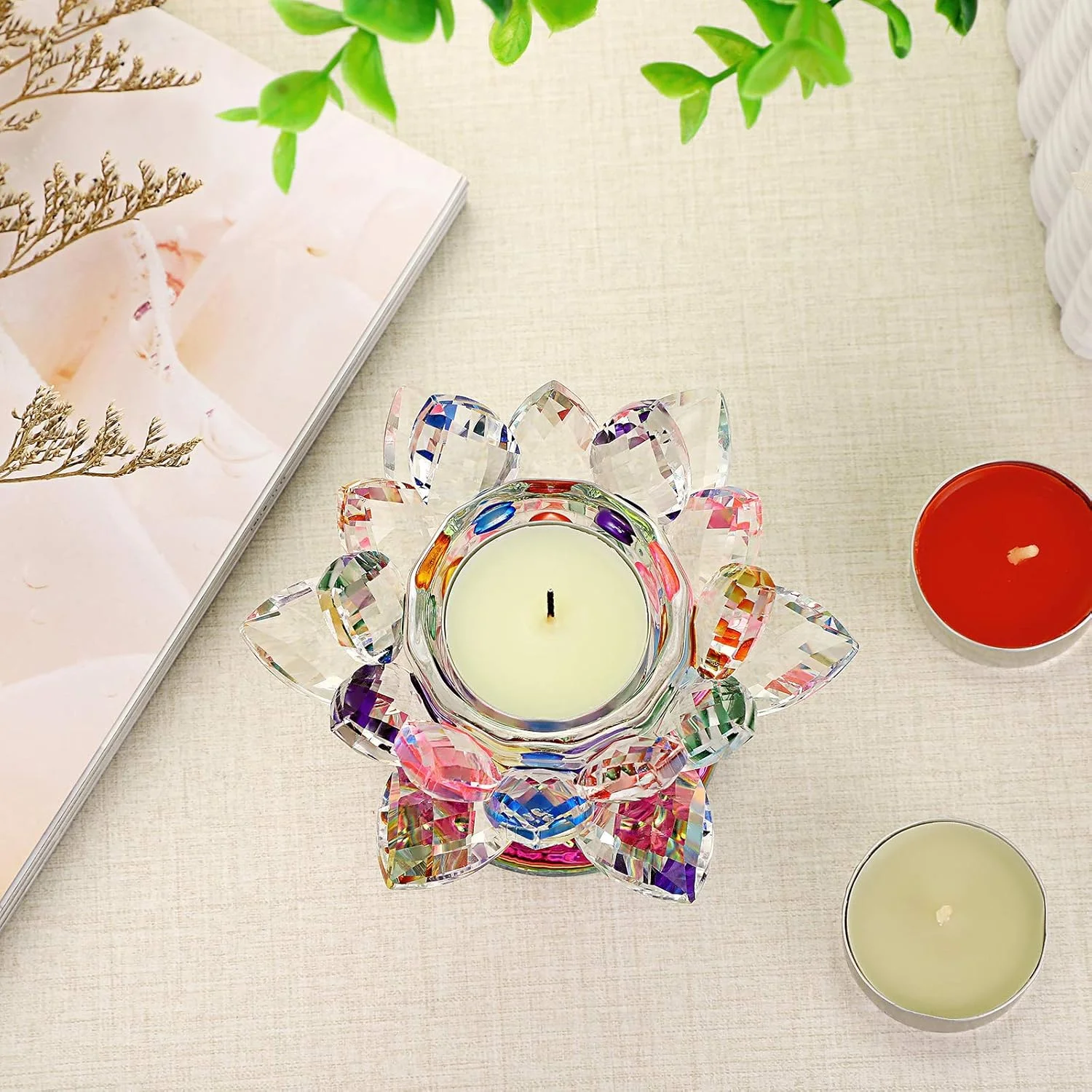 جاشمعی کریستالی گل لوتوس OwnMy، جای شمعی گلبرگ لوتوس با پایه شیشه ای، شمعدان گل لوتوس وارمر با جعبه هدیه برای دکوراسیون منزل، لبه پنجره، مهمانی عروسی، رنگارنگ
