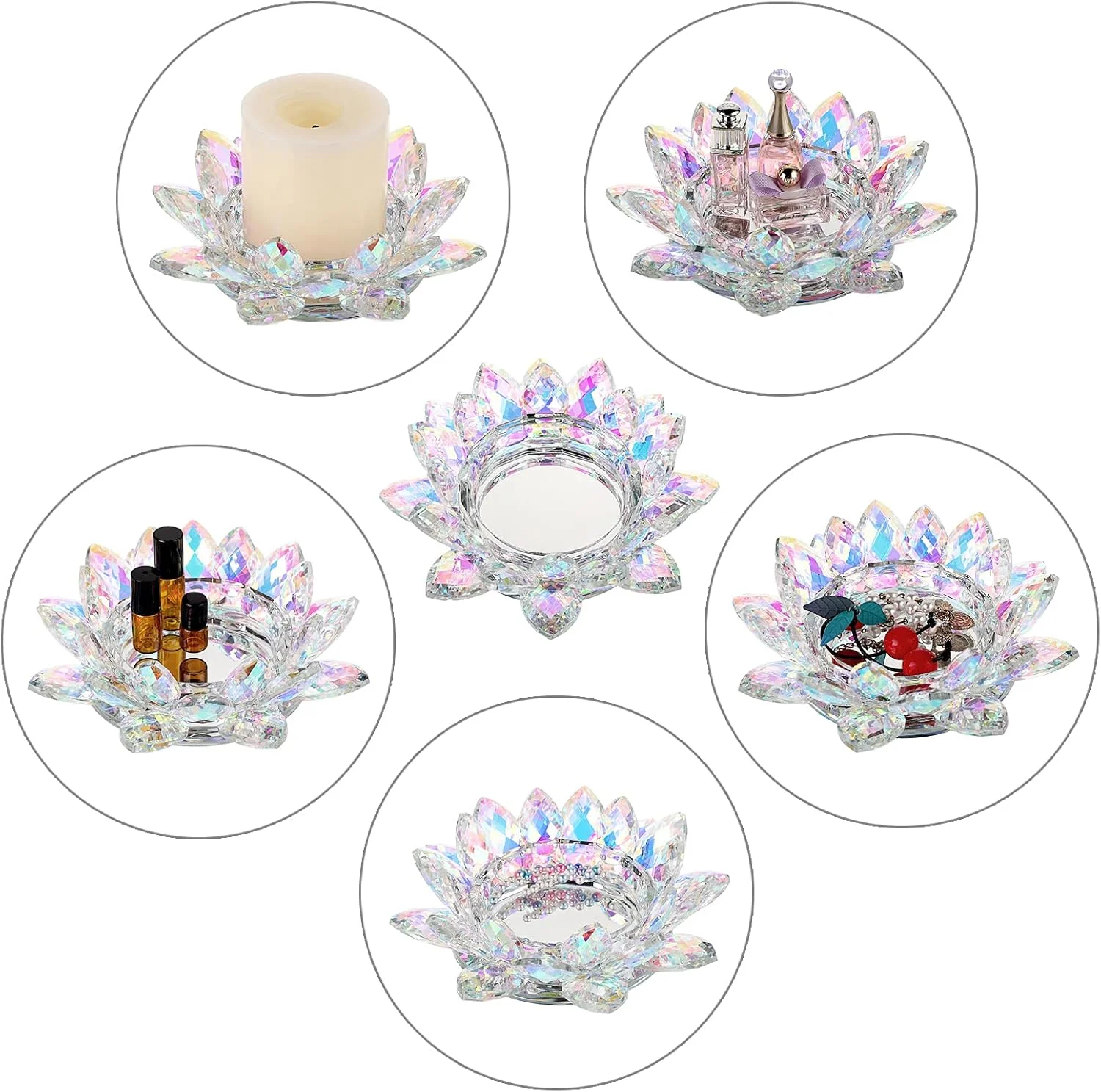 جاشمعی گل لوتوس کریستالی OwnMy برای شمع های استوانه ای تا قطر 3 اینچ، جاشمعی شیشه ای تزئینی گلبرگ لوتوس، جاشمعی وارمر، پایه شمع، چراغ شمعی برای دکوراسیون منزل، مهمانی عروسی، رنگ AB