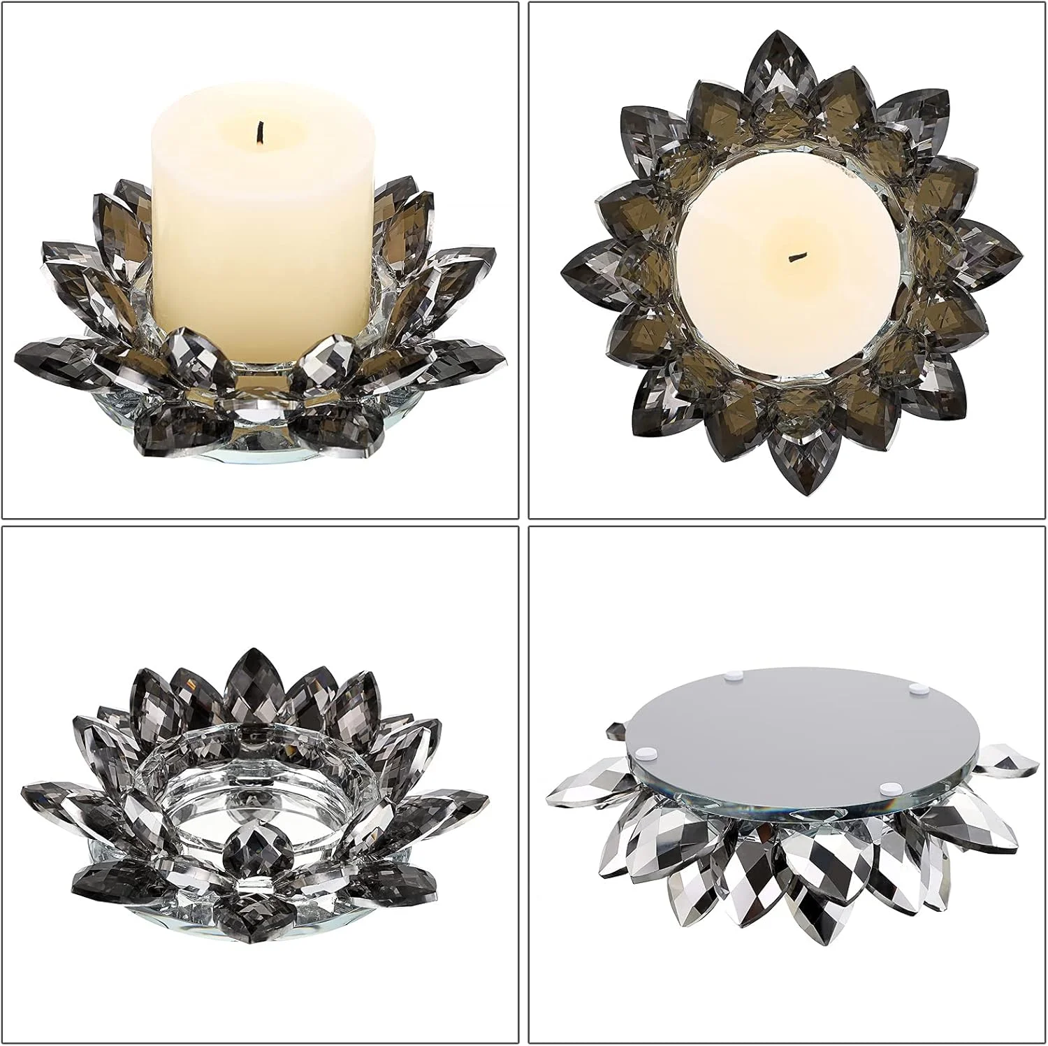 جاشمعی گل لوتوس کریستالی OwnMy برای شمع های استوانه ای تا قطر 3 اینچ، جاشمعی تزئینی گلبرگ لوتوس شیشه ای، جاشمعی وارمر، پایه شمع، چراغ شمعی برای دکوراسیون منزل، مهمانی عروسی (مشکی)