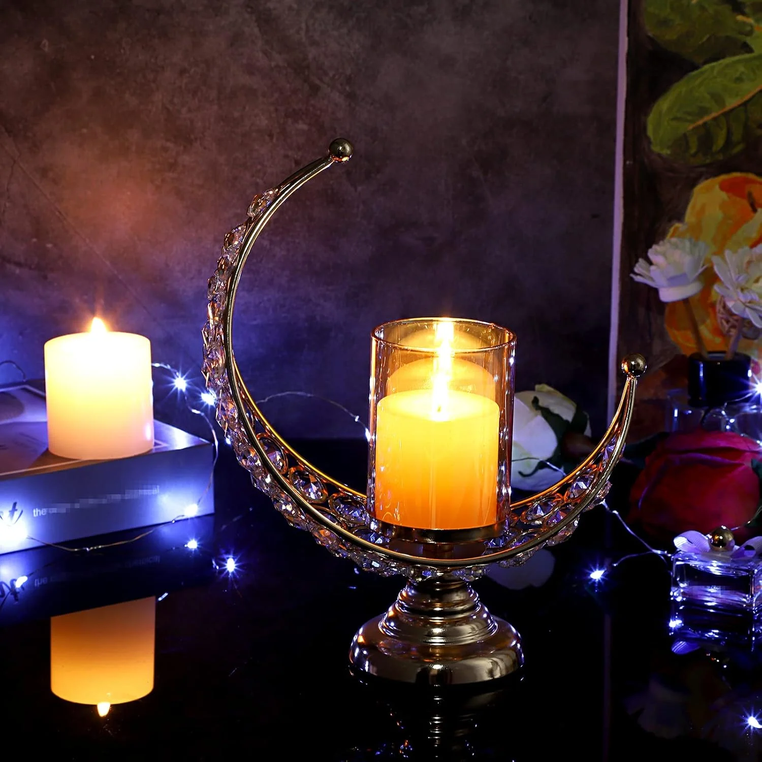جاشمعی کریستالی ماه شکل OwnMy با پوشش شیشه ای، جا شمعی فلزی کریستالی ماه، شمعدان نذری، چراغ شمع برای دکور میز غذاخوری، عروسی (طلایی)