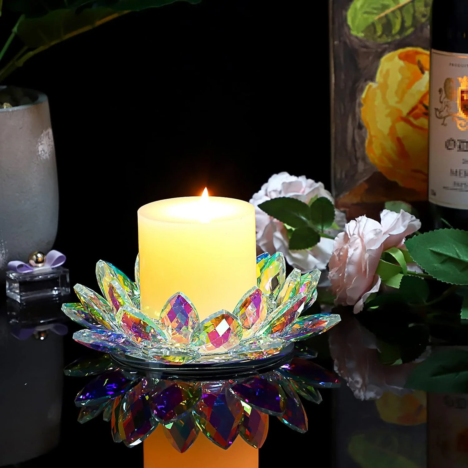 جاشمعی گل لوتوس کریستالی OwnMy برای شمع های استوانه ای تا قطر 3 اینچ، جاشمعی شیشه ای تزئینی گلبرگ لوتوس، جاشمعی وارمر، پایه شمع، چراغ شمعی برای دکوراسیون منزل، مهمانی عروسی، رنگ AB