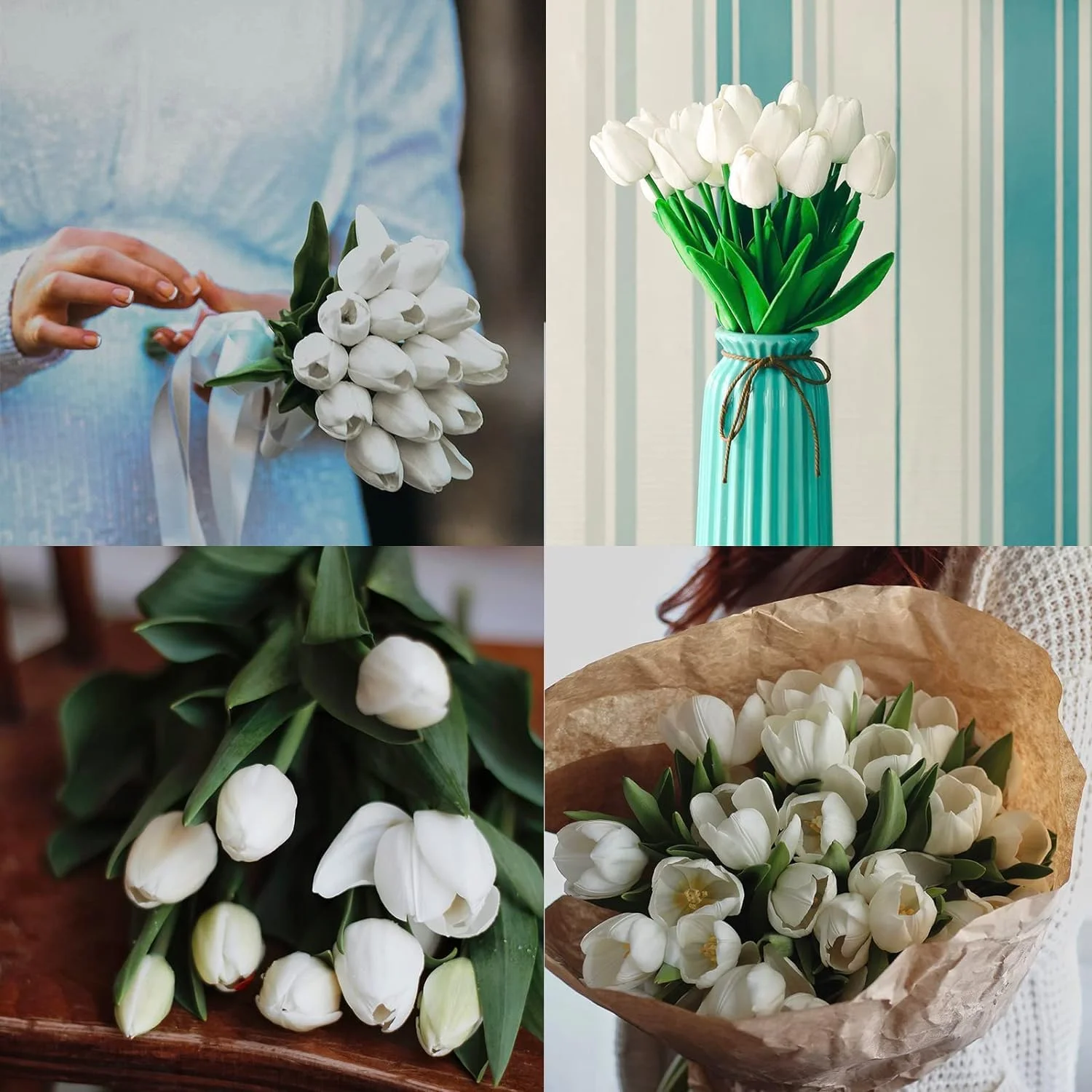 گل لاله مصنوعی Azonee برای دکوراسیون، گل های مصنوعی لاله ابریشمی لمس واقعی برای دکوراسیون منزل داخلی، گل های مصنوعی عمده برای هدیه روز شکرگزاری گلدان عروسی 30 عدد (سفید)