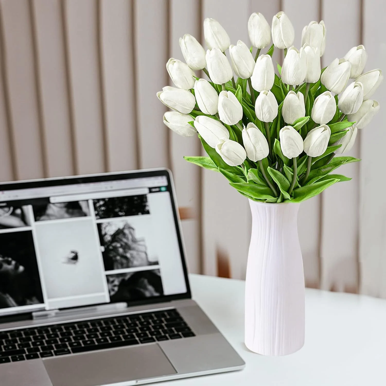 گل لاله مصنوعی Azonee برای دکوراسیون، گل های مصنوعی لاله ابریشمی لمس واقعی برای دکوراسیون منزل داخلی، گل های مصنوعی عمده برای هدیه روز شکرگزاری گلدان عروسی 30 عدد (سفید)