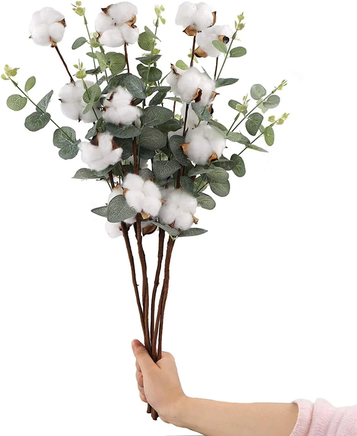 سیور 6 شاخه پنبه ای 60 سانتی متری، گل پنبه 4 کله پنبه ای با برگ های اکالیپتوس در هر شاخه، شاخه گل پنبه ای برای دکوراسیون گل مزرعه خانگی