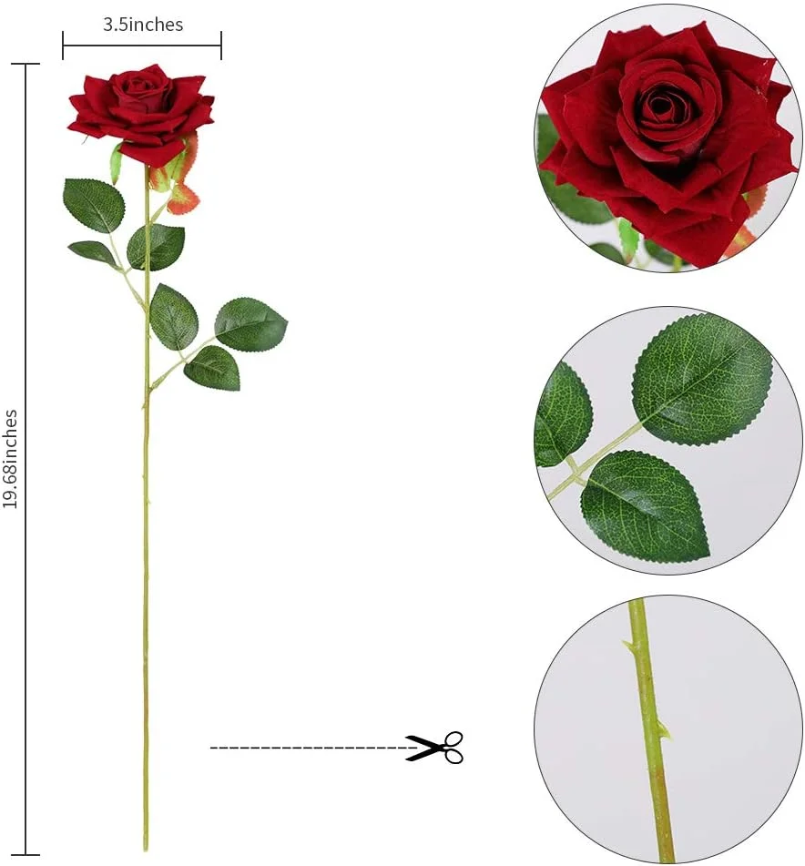 گل های رز مصنوعی مخملی Floweroyal 12 عددی با ساقه بلند، دسته گل رز مصنوعی برای دکوراسیون منزل، باغ و عروسی (قرمز تیره)