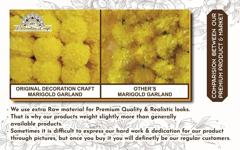 دسته گل گل همیشه بهار مصنوعی زرد 5 فوتی DECORATION CRAFT برای مهمانی ها، عروسی، دیوالی، مهندی، پوجا، جشنواره و دکوراسیون تم سنتی هندی، دکوراسیون منزل، پس زمینه های عکاسی، DIY