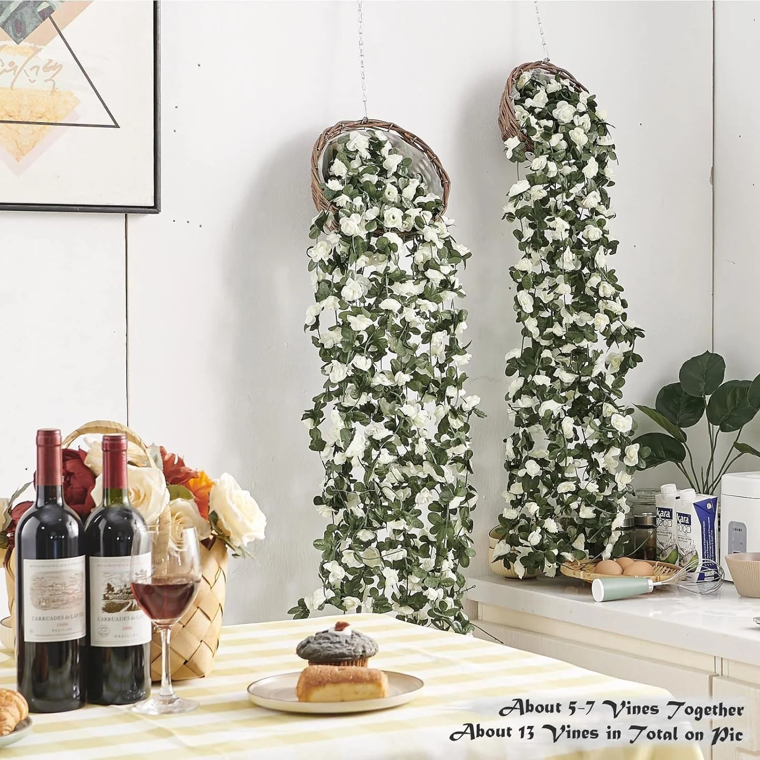 گل رز مصنوعی تاک GHAKKE، 6 عدد تاک گل رز مصنوعی 45 فوتی، گل آویز برای اتاق، خانه، هتل، دفتر، عروسی، مهمانی، باغ، دکور هنری (سفید)