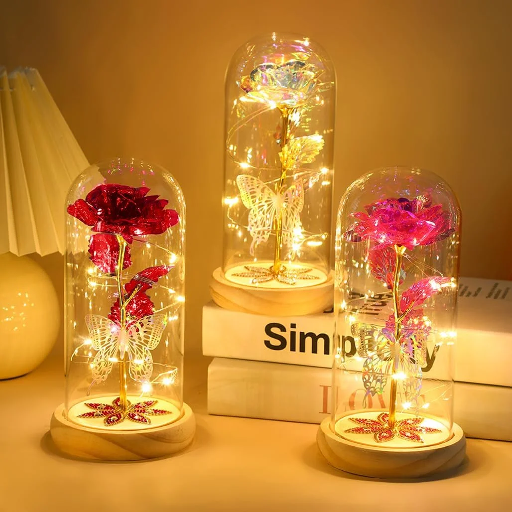 گل رز مصنوعی رنگارنگ گودرن، گل رز ابدی با نور LED در گنبد شیشه ای، گل کریستالی رز کهکشانی برای زنان، همسر، روز ولنتاین، روز مادر، تولد، دکوراسیون جشن عروسی - سفید