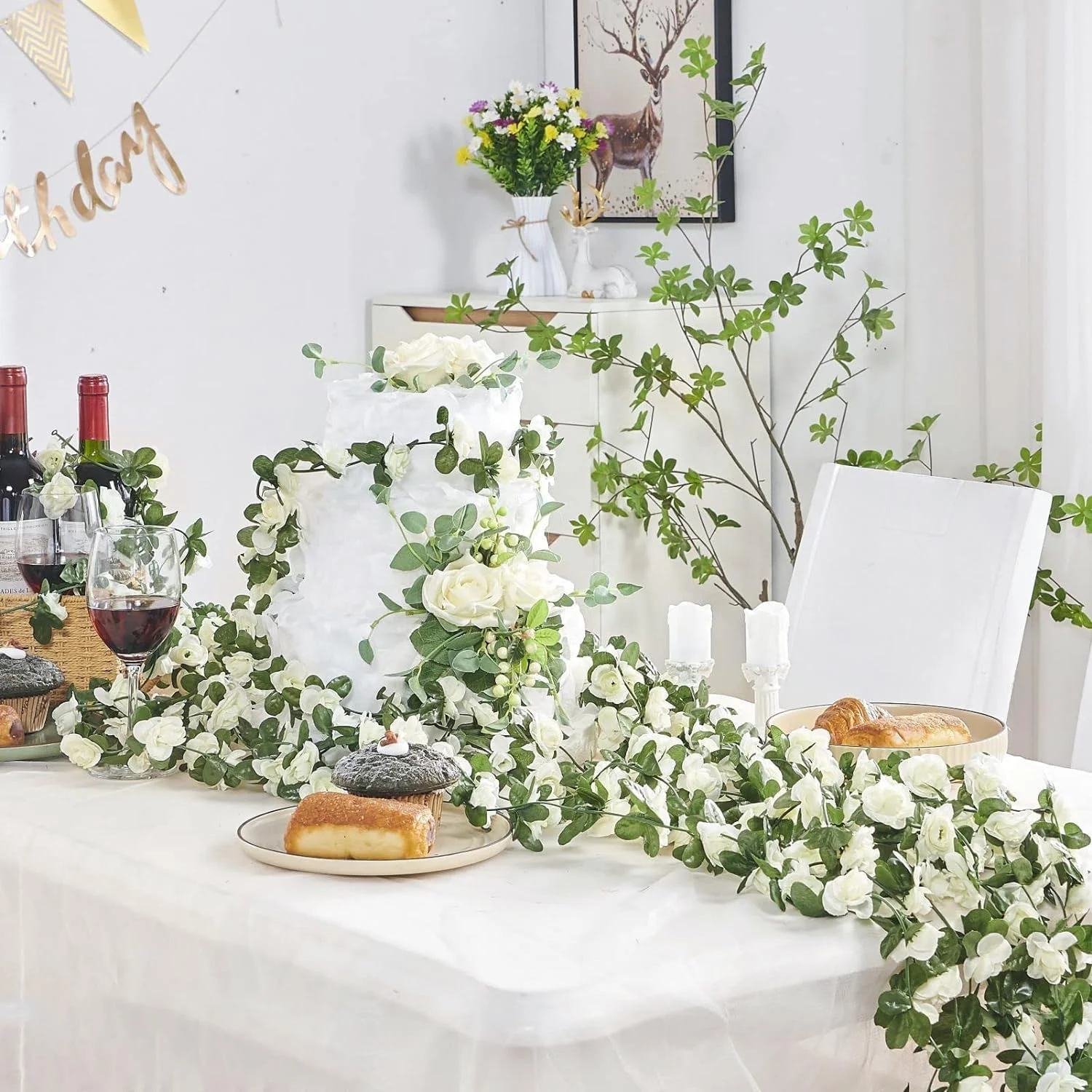 گل رز مصنوعی تاک GHAKKE، 6 عدد تاک گل رز مصنوعی 45 فوتی، گل آویز برای اتاق، خانه، هتل، دفتر، عروسی، مهمانی، باغ، دکور هنری (سفید)